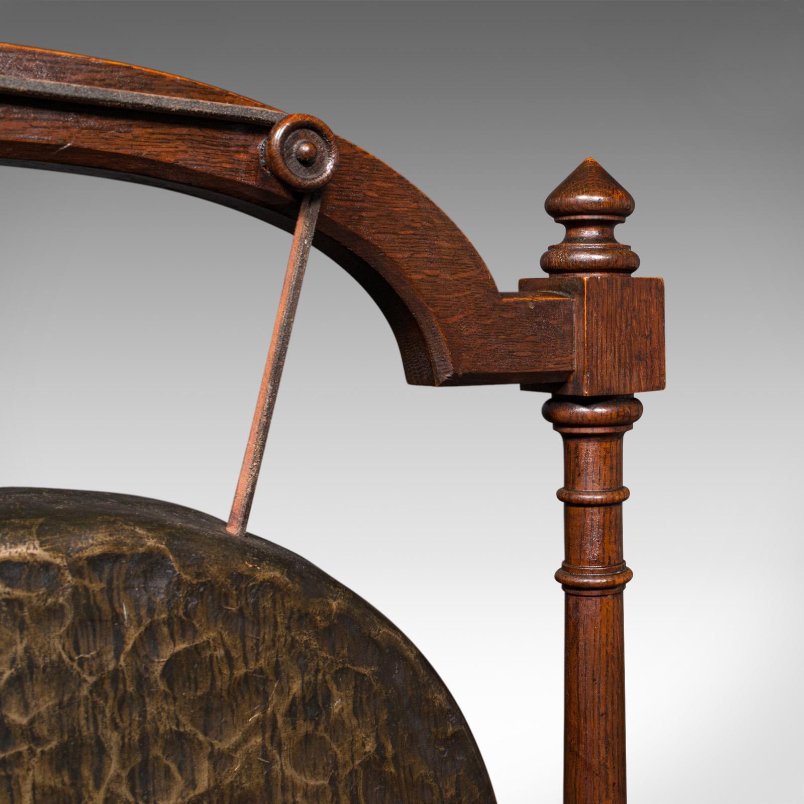 Antique Floorstanding Dinner Gong, English, Oak, Bronze, Ceremonial, Victorian 1