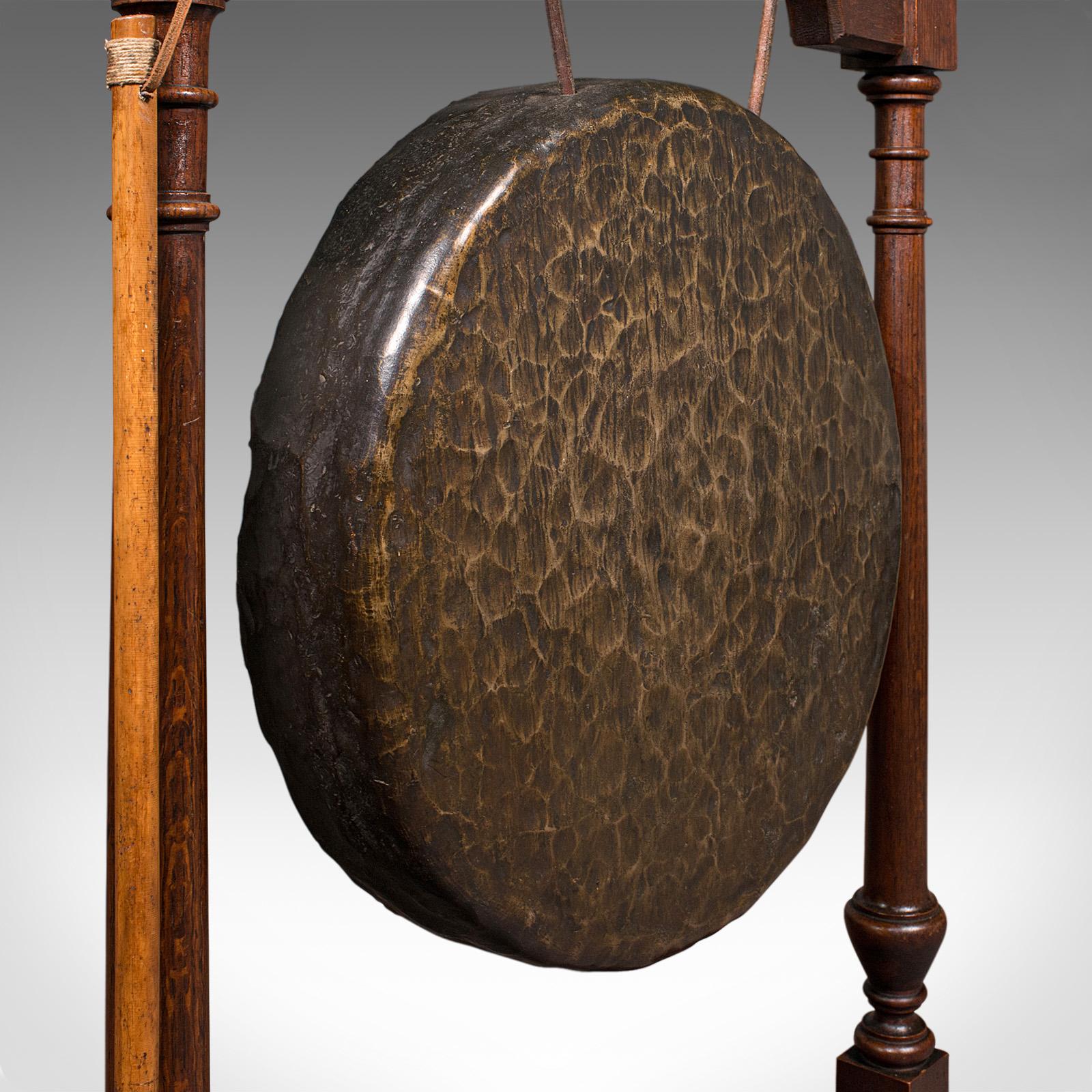 Antique Floorstanding Dinner Gong, English, Oak, Bronze, Ceremonial, Victorian 3