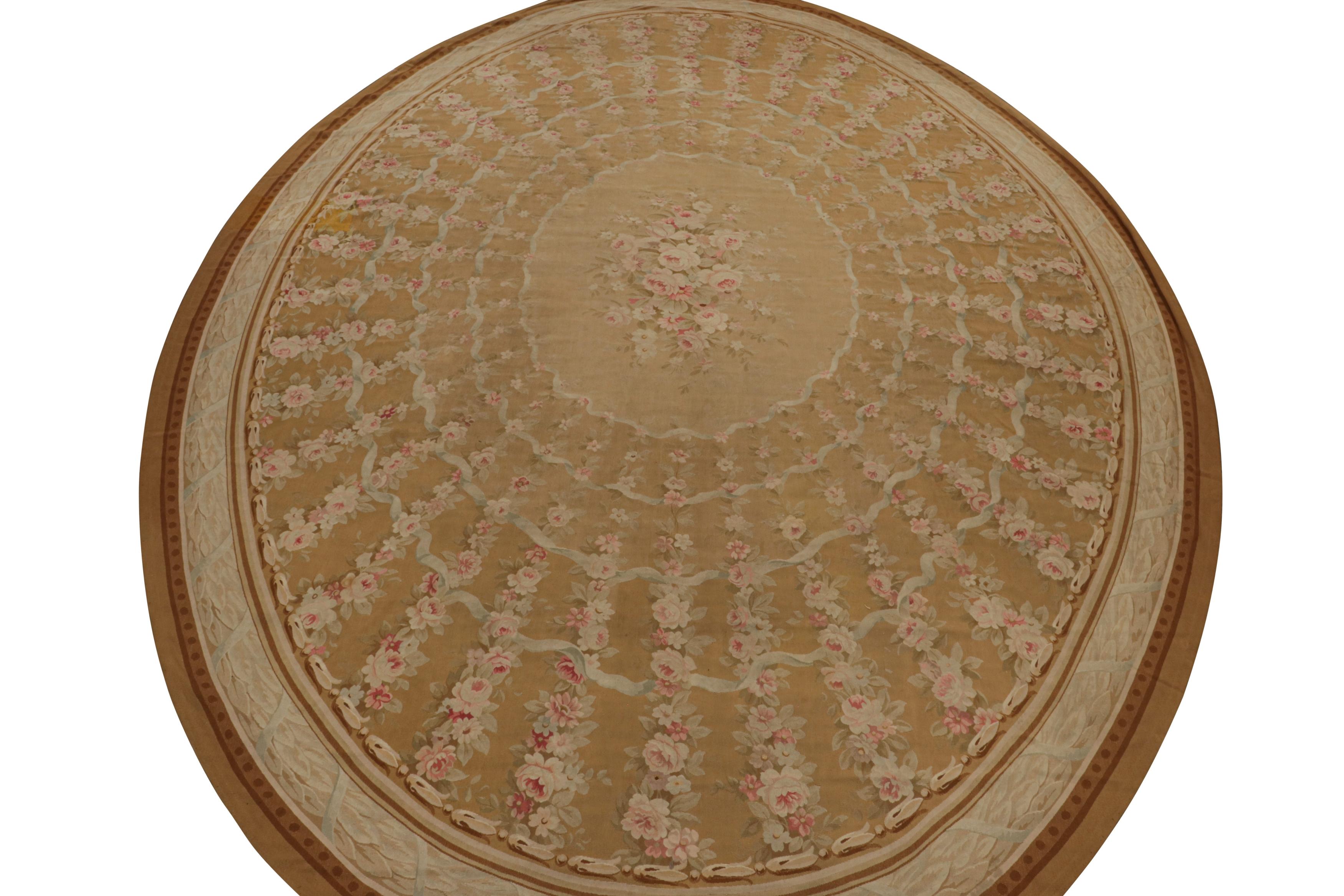 French Antique Floral Aubusson Flatweave Oversized Oval Rug in Brown For Sale