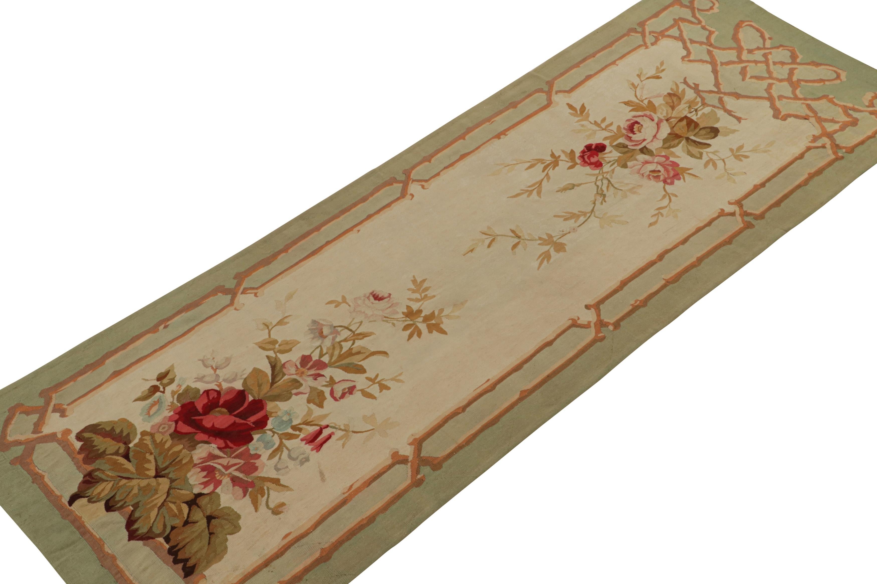 French Antique Floral Aubusson Tapestry Runner Rug in Cream & Green, from Rug & Kilim For Sale