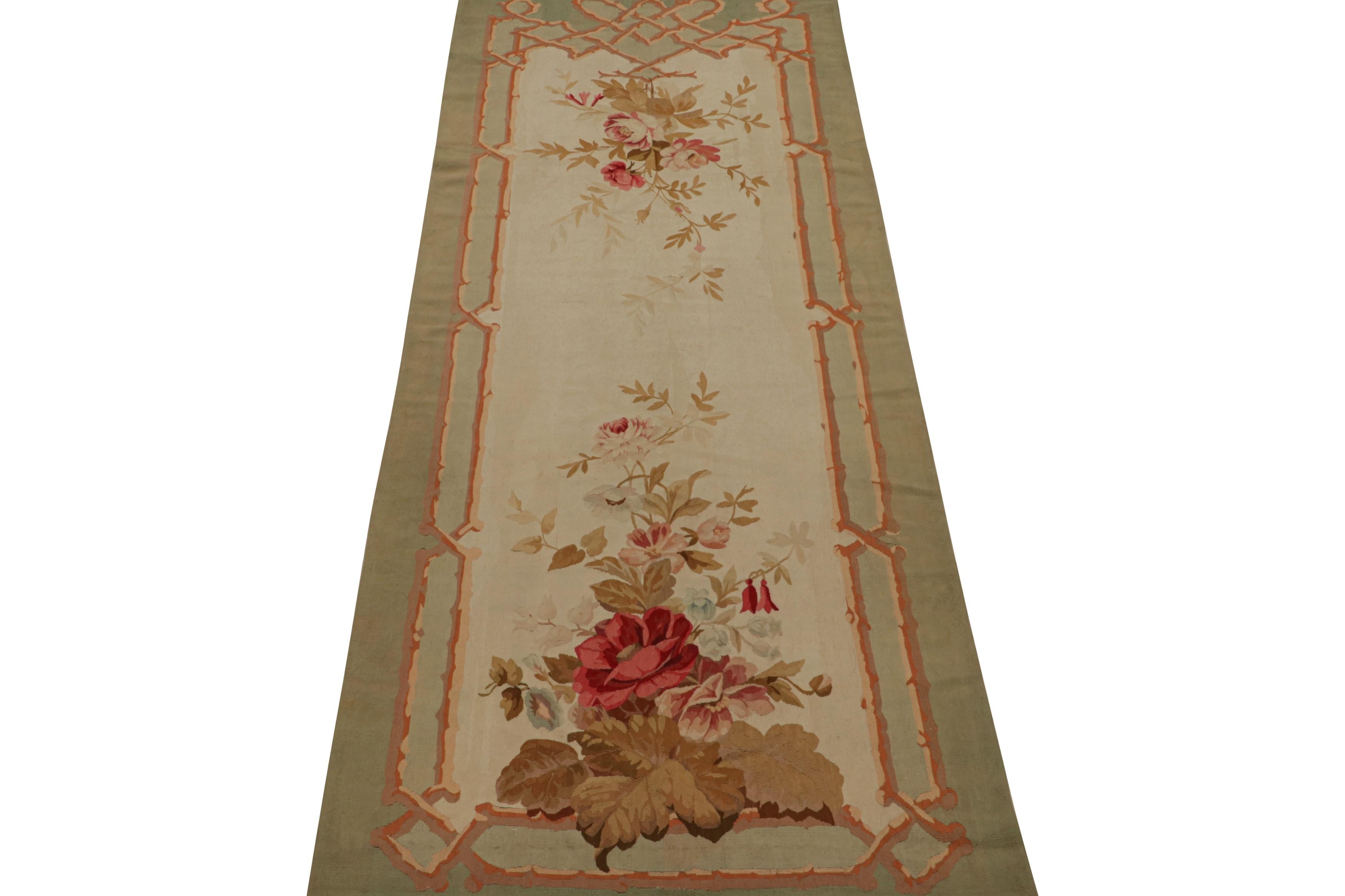 French Antique Floral Aubusson Tapestry Runner Rug in Cream & Green, from Rug & Kilim For Sale