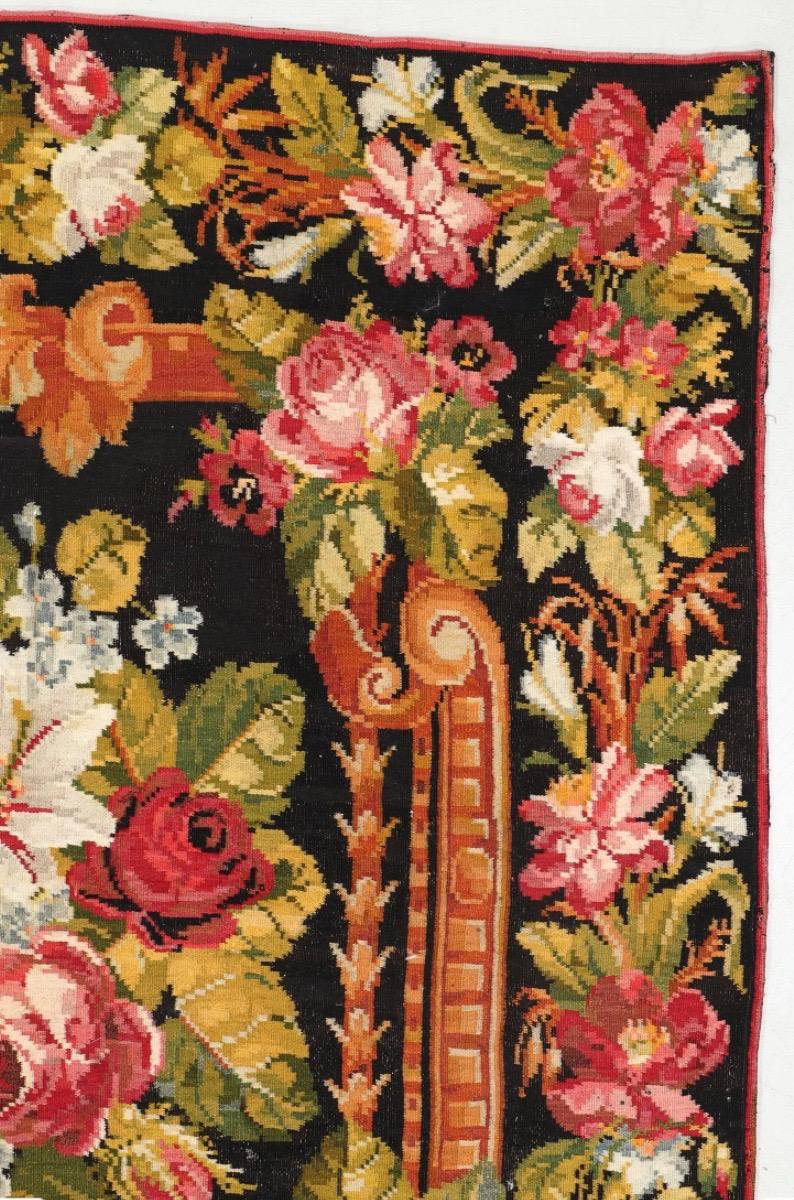 French Provincial Antique Floral Aubusson Tapestry Style Bessarabian Kilim Flatweave Rug, c. 1900