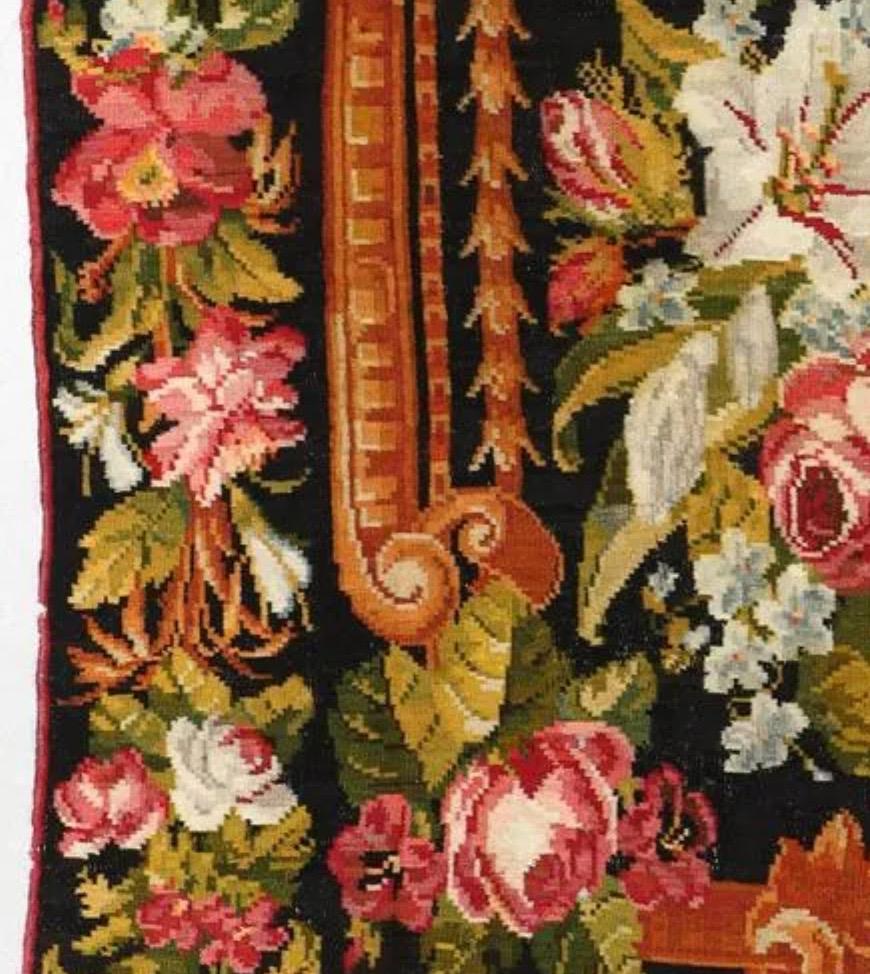 Romanian Antique Floral Aubusson Tapestry Style Bessarabian Kilim Flatweave Rug, c. 1900