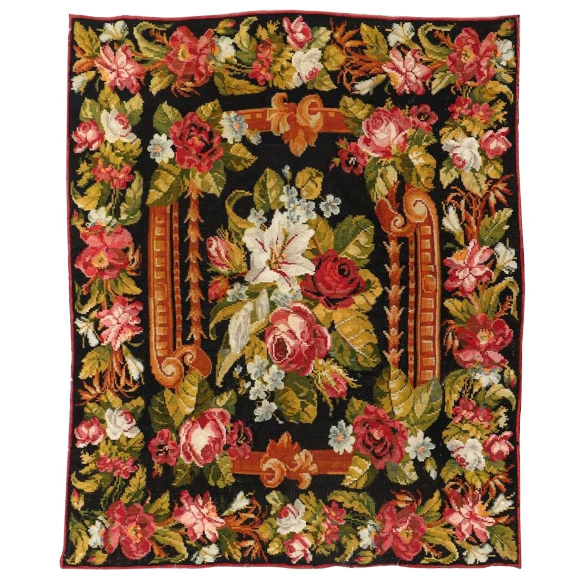 Antique Floral Aubusson Tapestry Style Bessarabian Kilim Flatweave Rug, c. 1900
