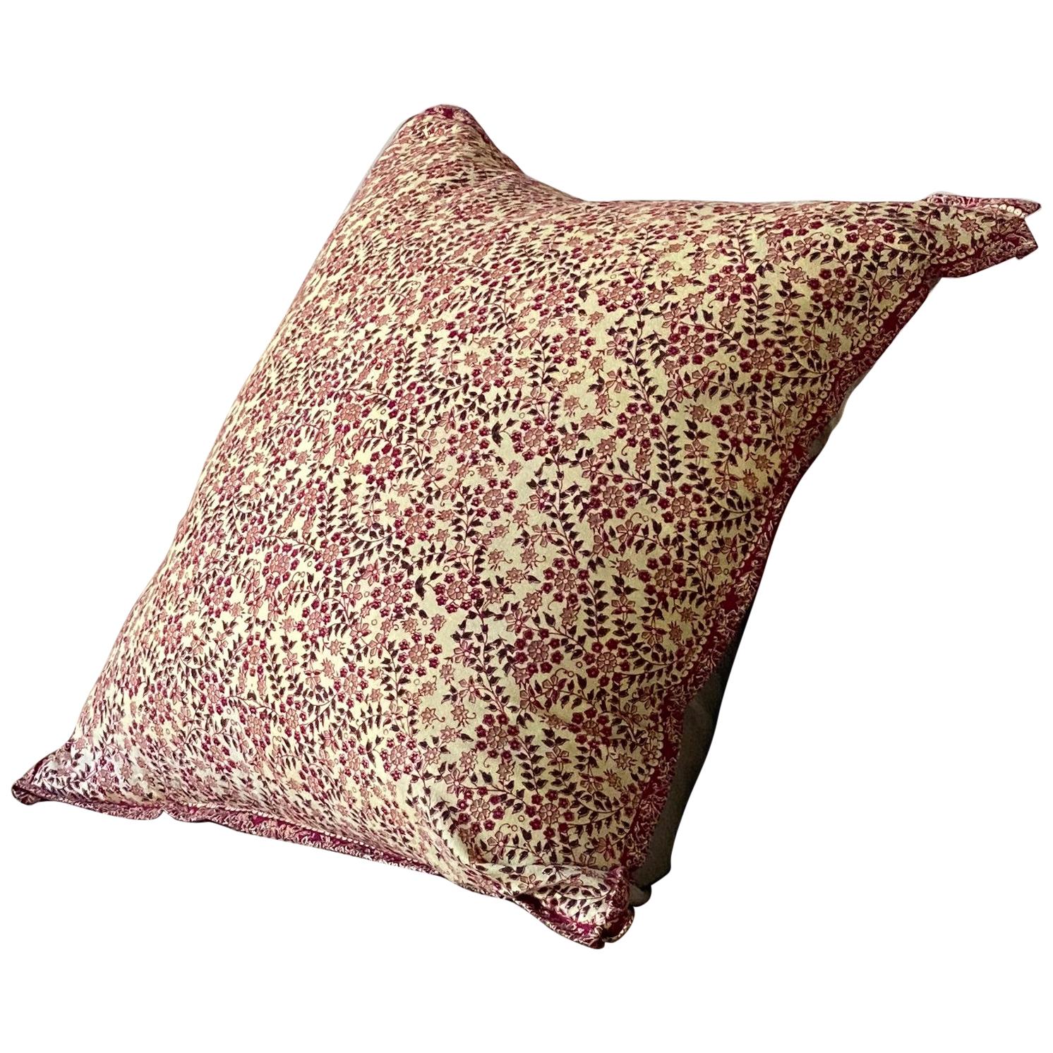 Antique Floral Block Print Pillow with Contrast Flange