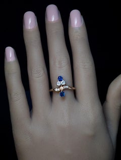 Antique Floral Bypass Sapphire Diamond Gold Ring