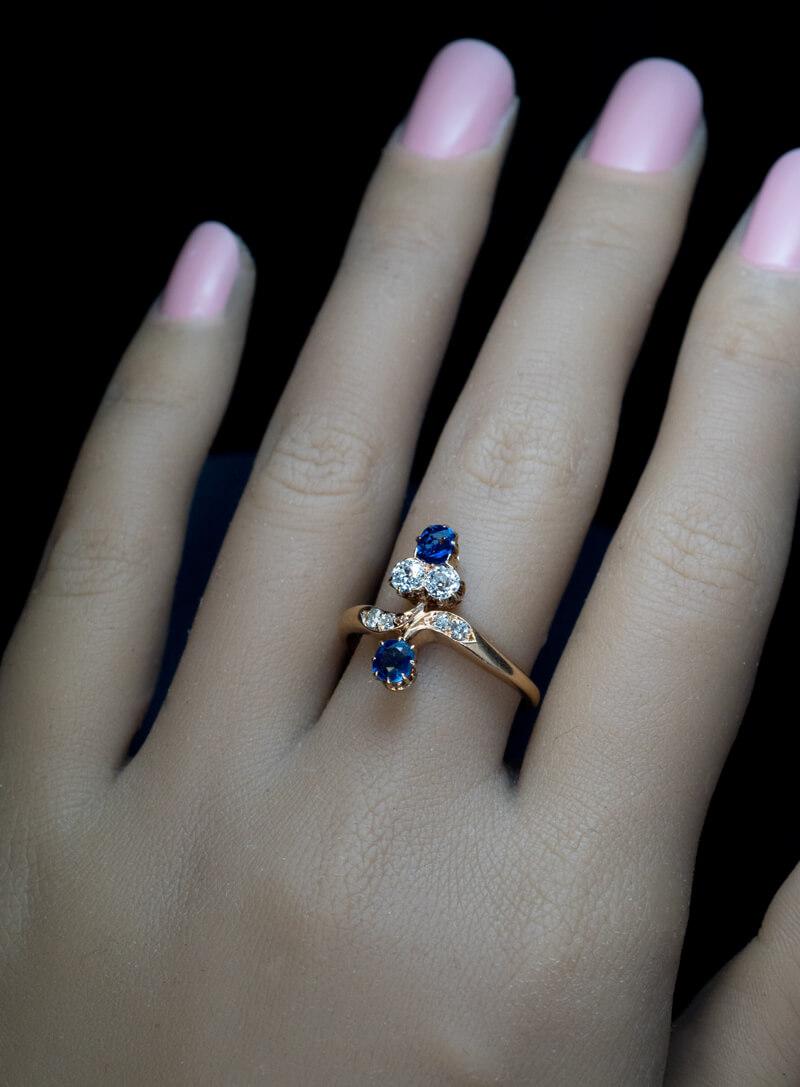 Victorian Antique Floral Bypass Sapphire Diamond Gold Ring