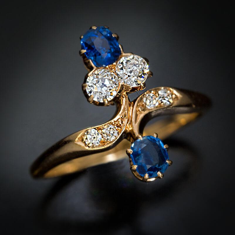 Women's Antique Floral Bypass Sapphire Diamond Gold Ring