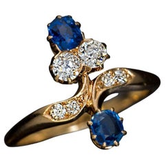 Antique Floral Bypass Sapphire Diamond Gold Ring