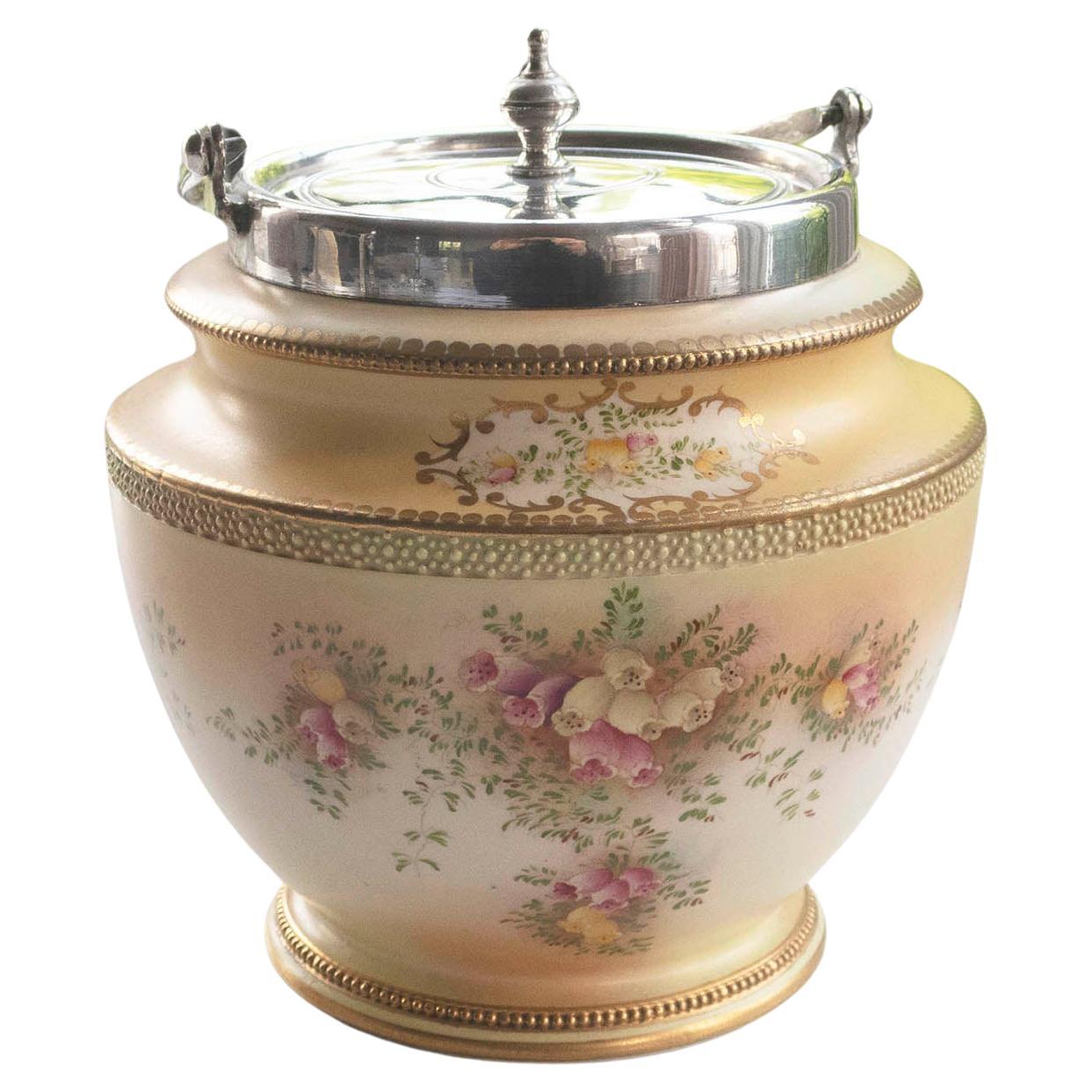 Antique Floral Decorated Carlton Ware Biscuit Barrel. English, C.1920 For Sale