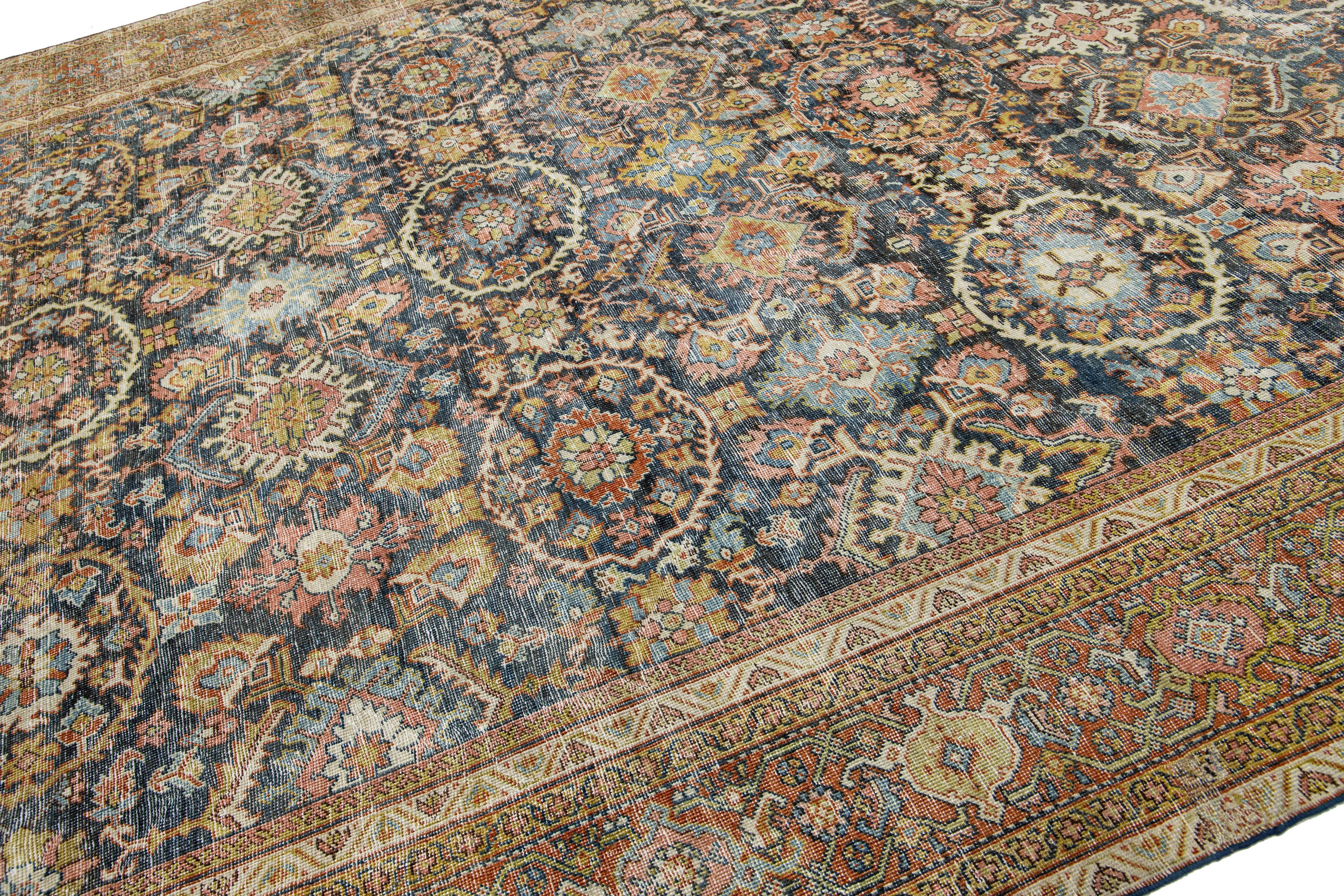 Islamic Antique Floral Designed Persian Mahal Wool Rug Handmade In Blue For Sale