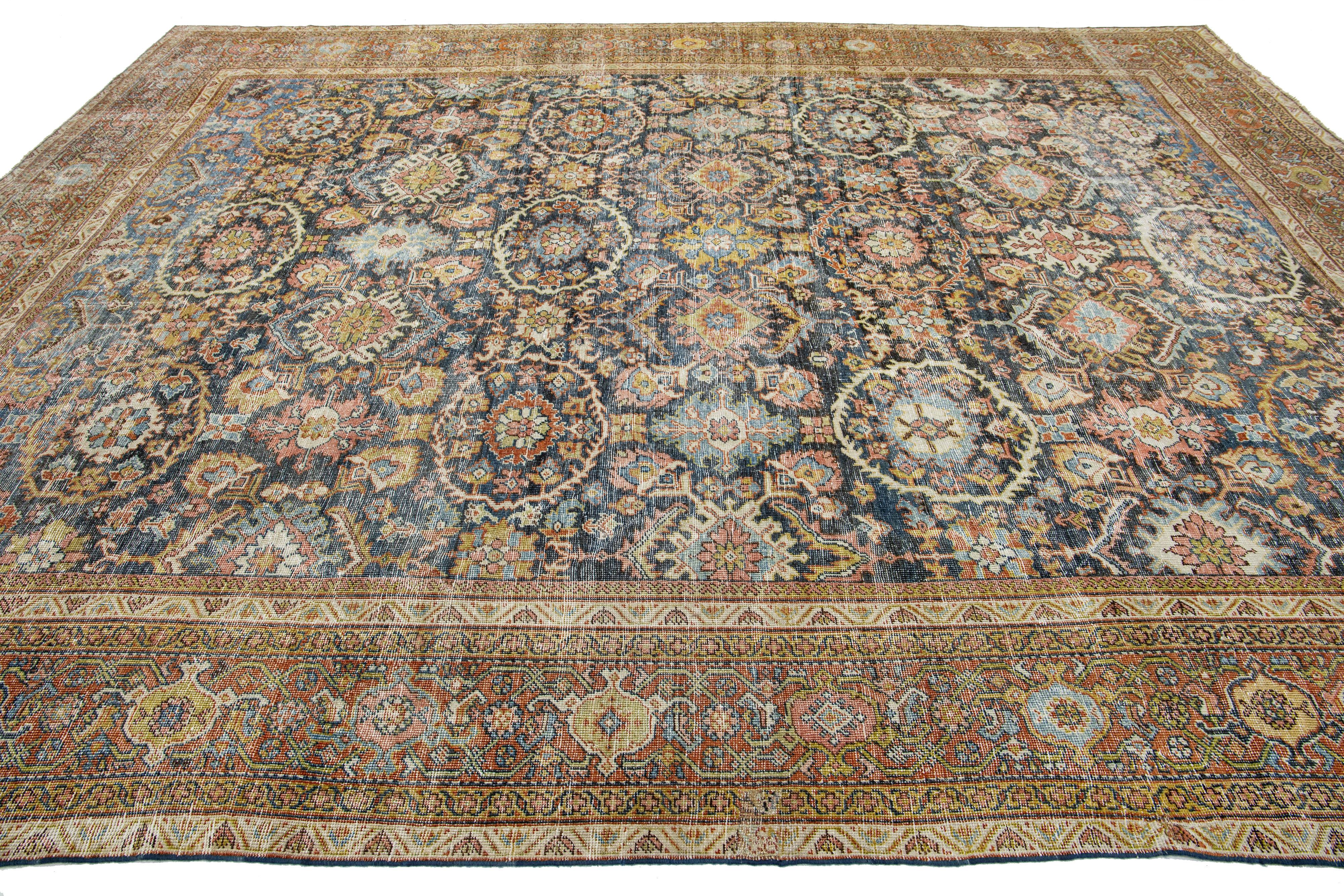 Antique Floral Designed Persian Mahal Wool Rug Handmade In Blue In Distressed Condition For Sale In Norwalk, CT