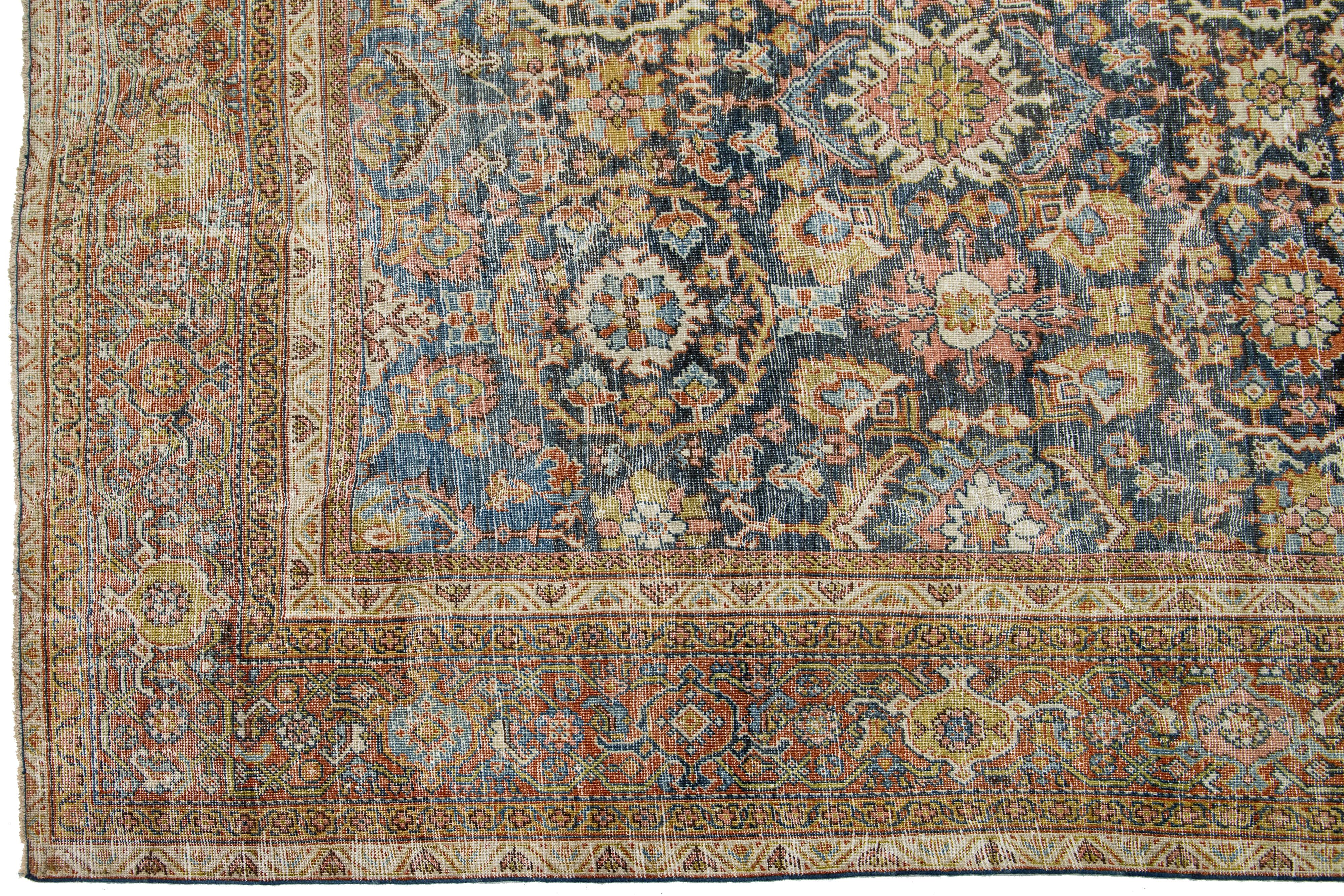 20th Century Antique Floral Designed Persian Mahal Wool Rug Handmade In Blue For Sale