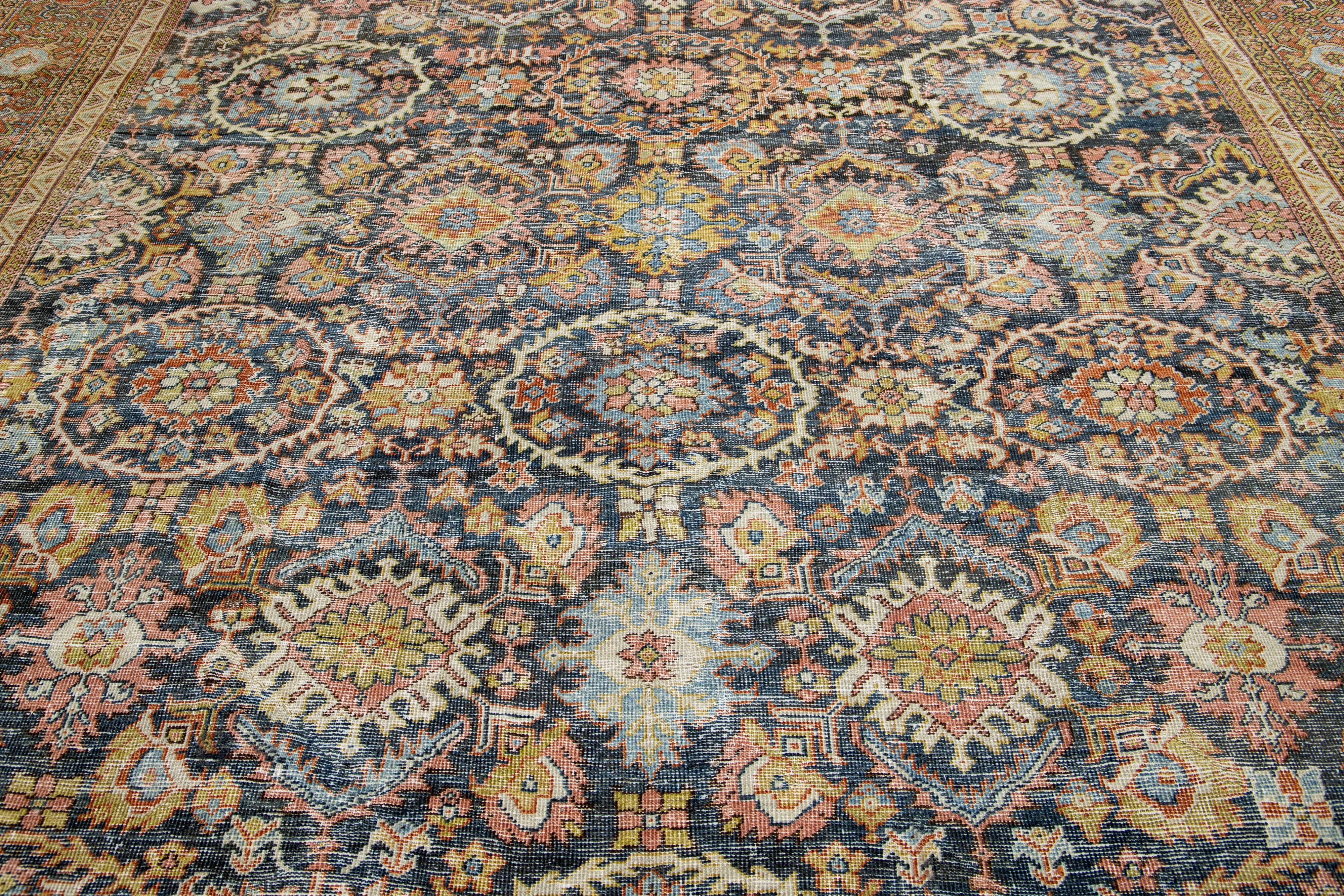 Antique Floral Designed Persian Mahal Wool Rug Handmade In Blue For Sale 1