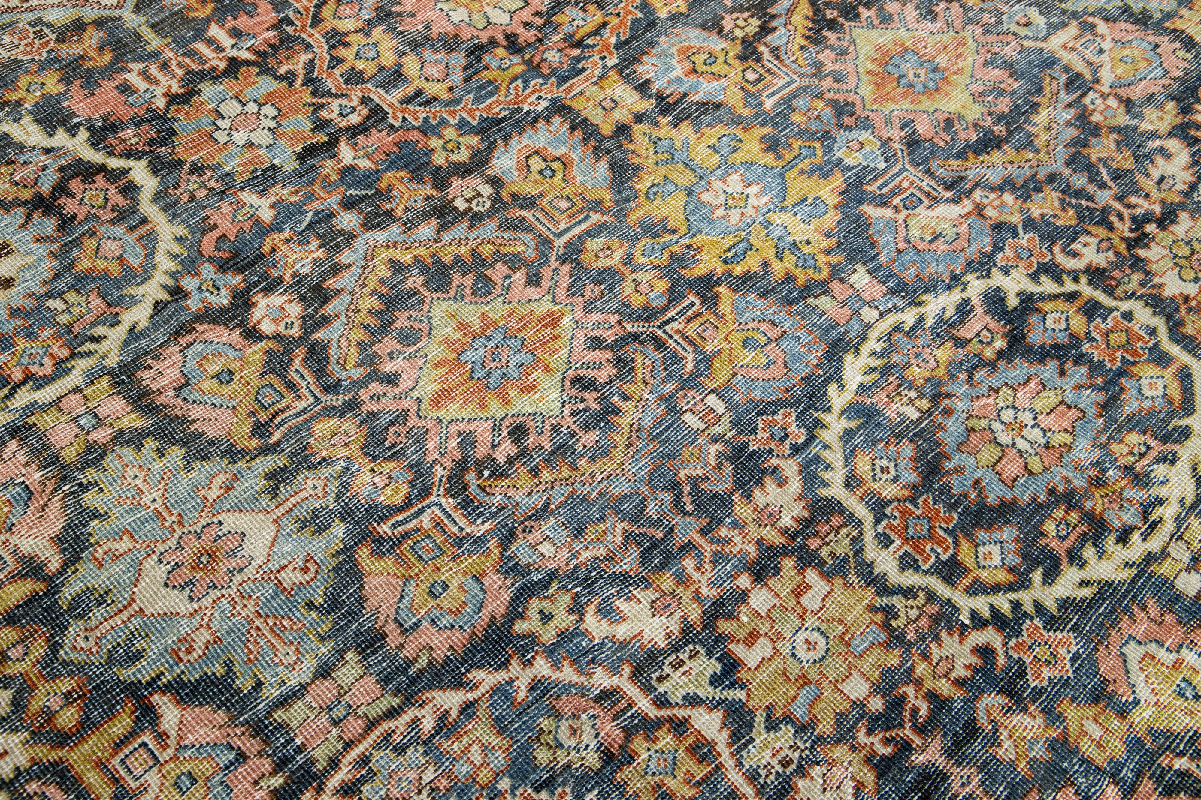 Antique Floral Designed Persian Mahal Wool Rug Handmade In Blue For Sale 2