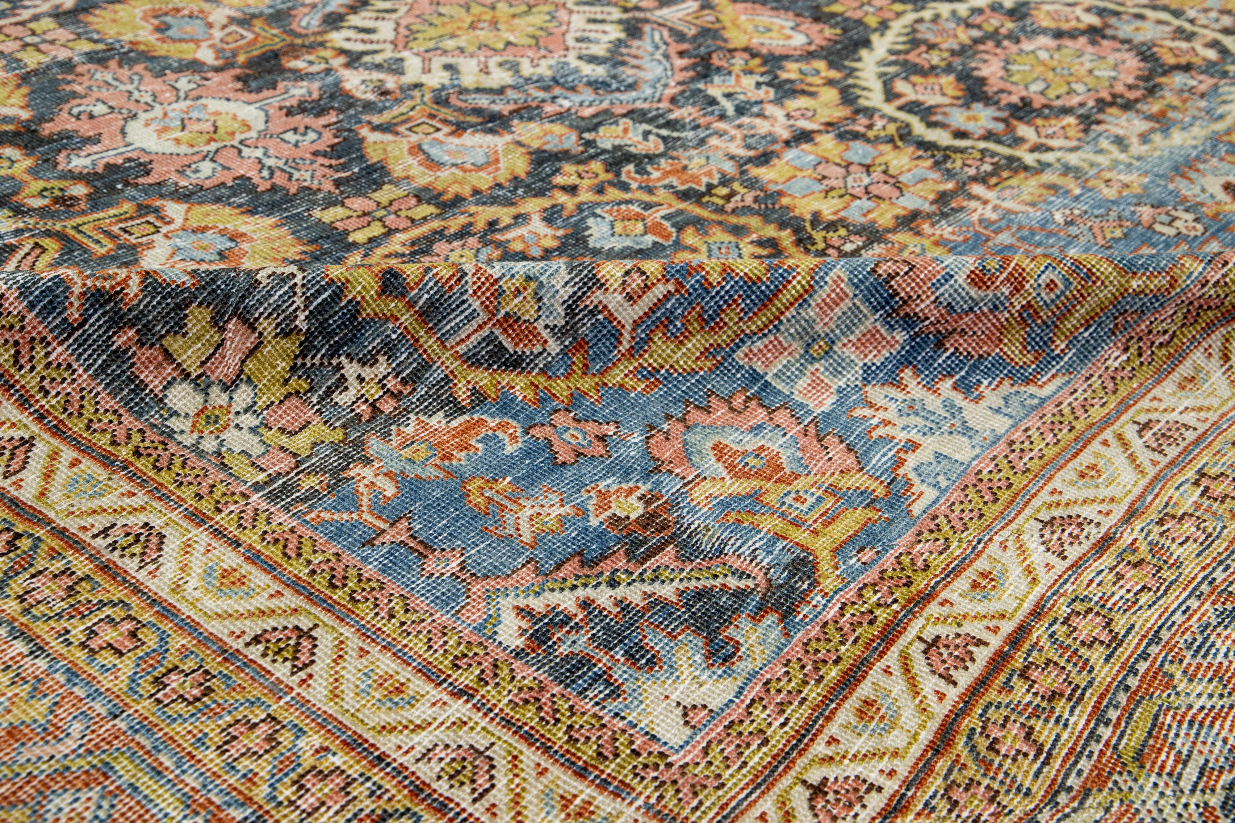 Antique Floral Designed Persian Mahal Wool Rug Handmade In Blue For Sale 3