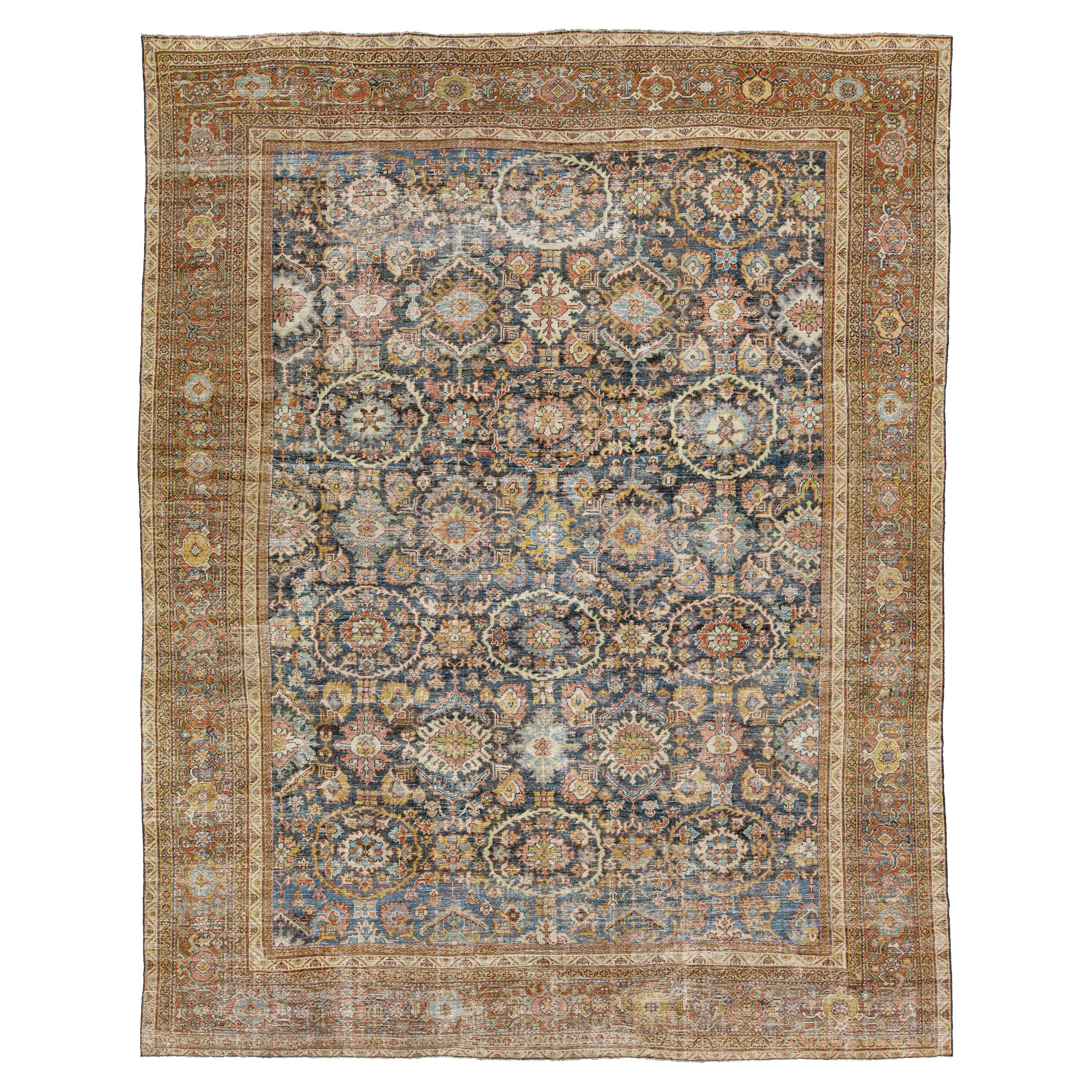 Antico tappeto di lana persiano Mahal dal design floreale fatto a mano in blu