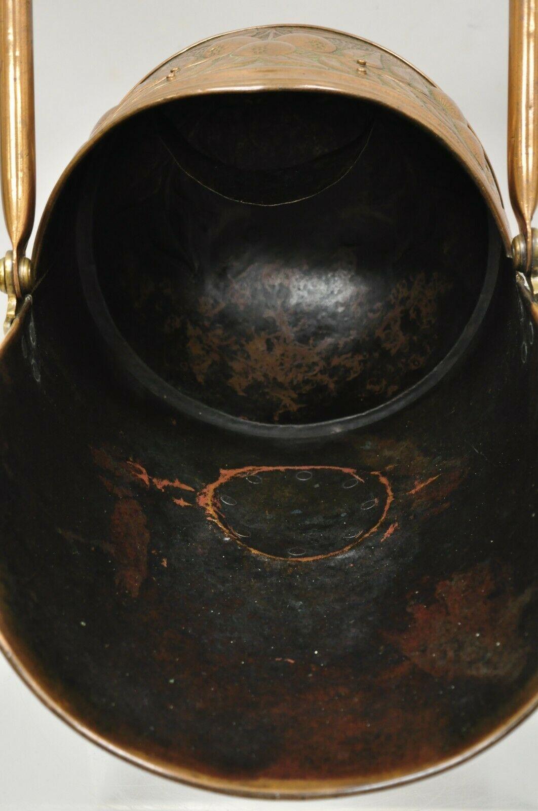 19th Century Antique Floral Embossed Copper English Victorian Helmet Coal Scuttle Bucket For Sale