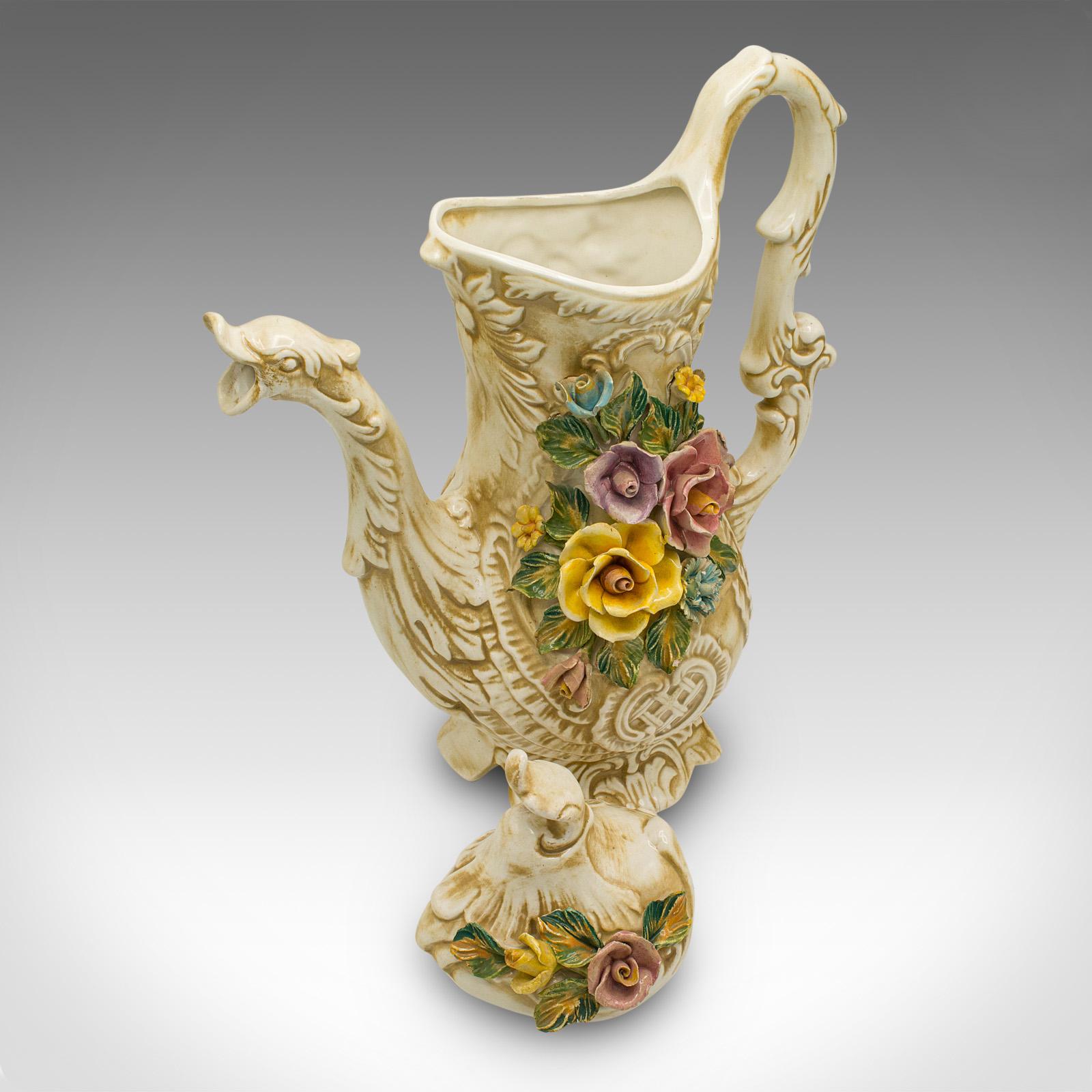 Ceramic Antique Floral Encrusted Ewer, Italian, Decorative, Wine Pouring Jug, Circa 1920 For Sale