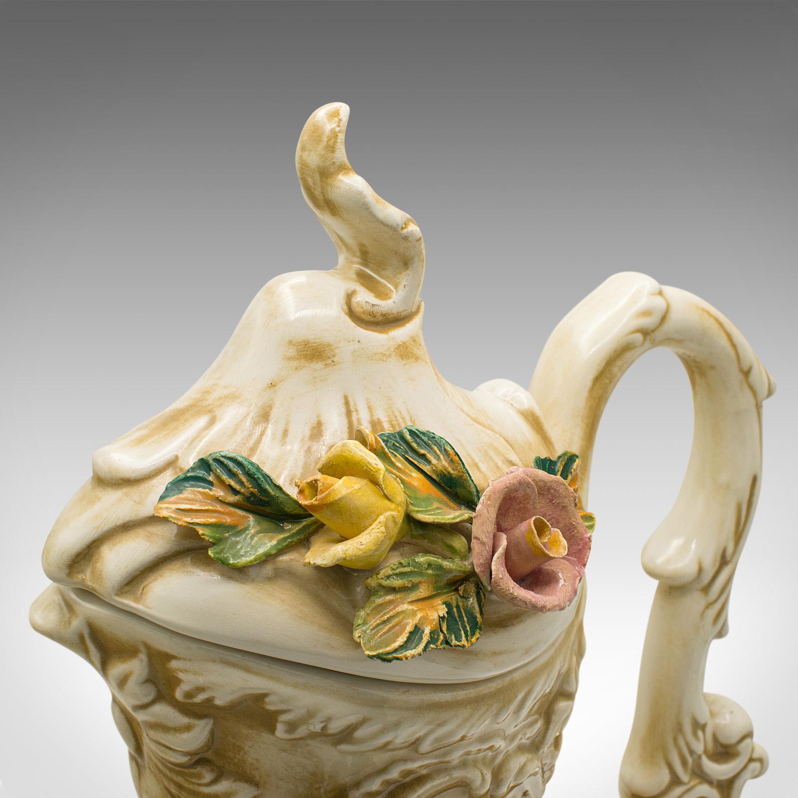 Antique Floral Encrusted Ewer, Italian, Decorative, Wine Pouring Jug, Circa 1920 For Sale 1