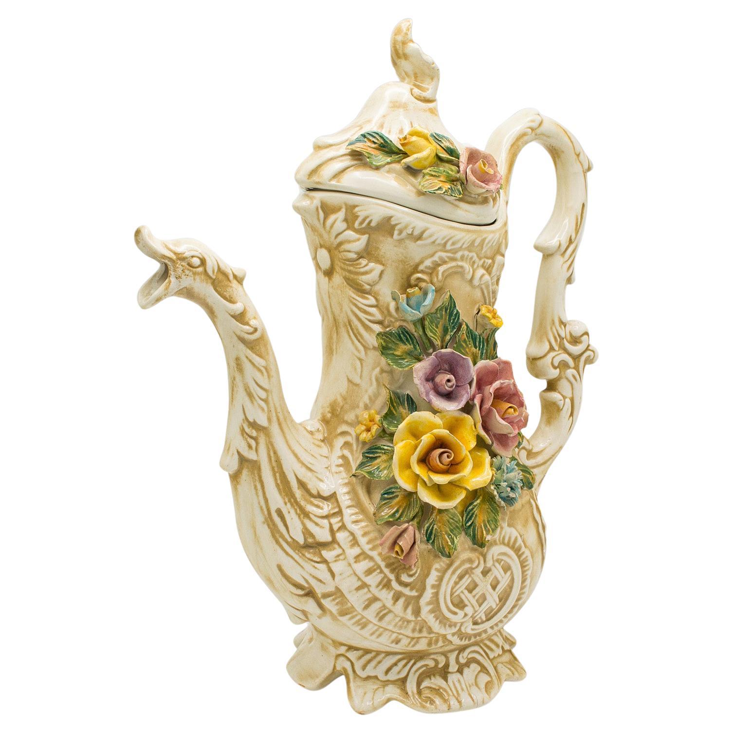 Antique Floral Encrusted Ewer, Italian, Decorative, Wine Pouring Jug, Circa 1920 For Sale