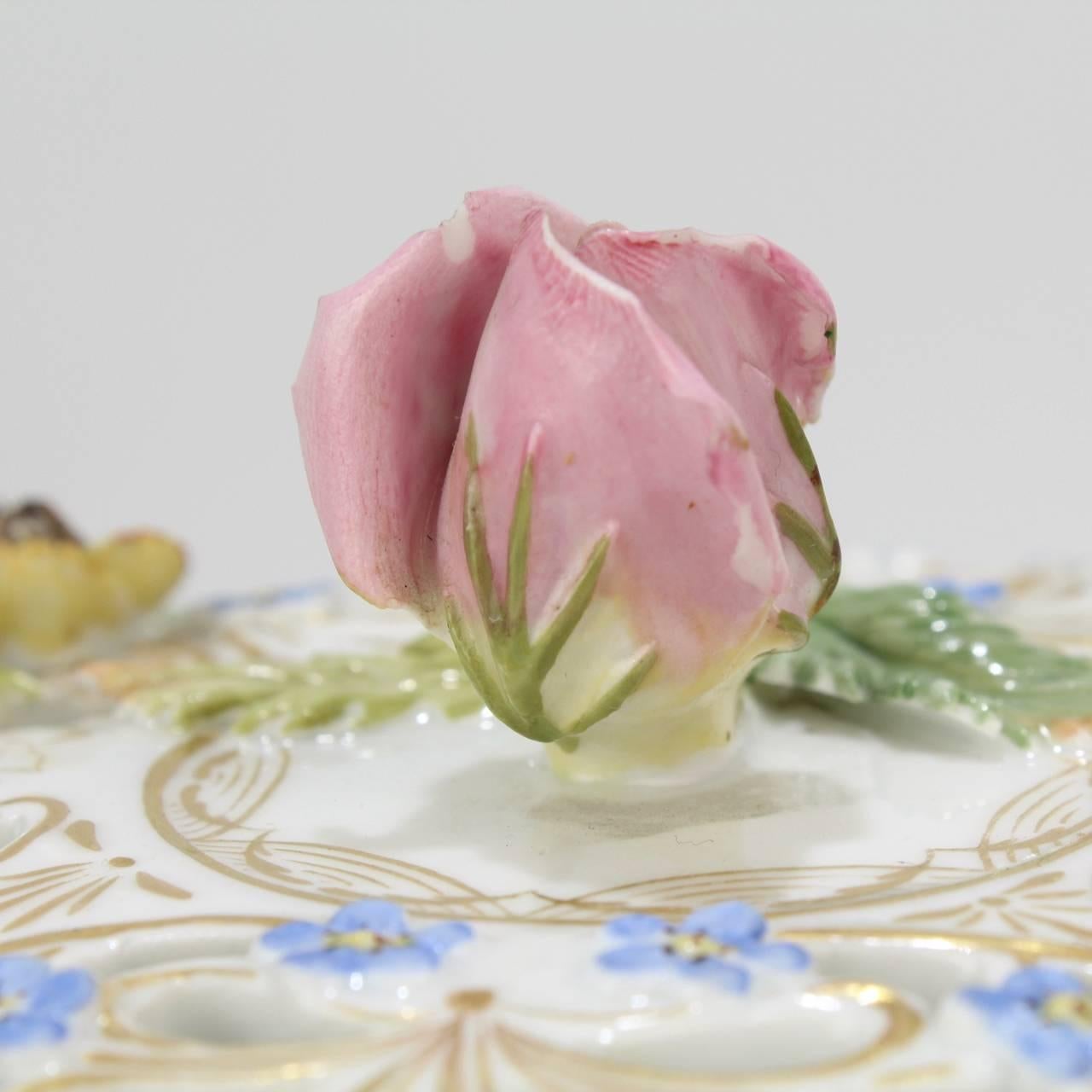 Antique Floral Encrusted Meissen Porcelain Reticulated Covered Dresser Box 5