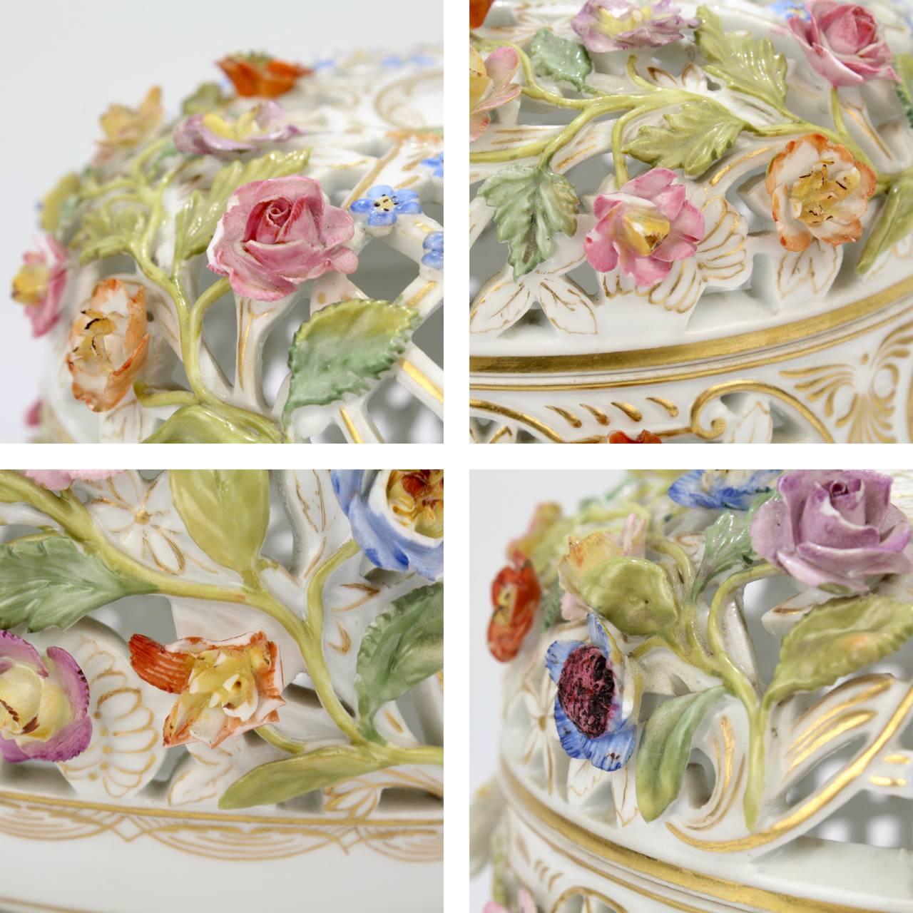 Antique Floral Encrusted Meissen Porcelain Reticulated Covered Dresser Box 7