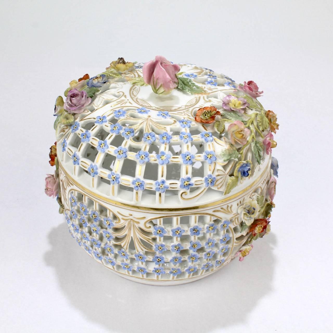 German Antique Floral Encrusted Meissen Porcelain Reticulated Covered Dresser Box