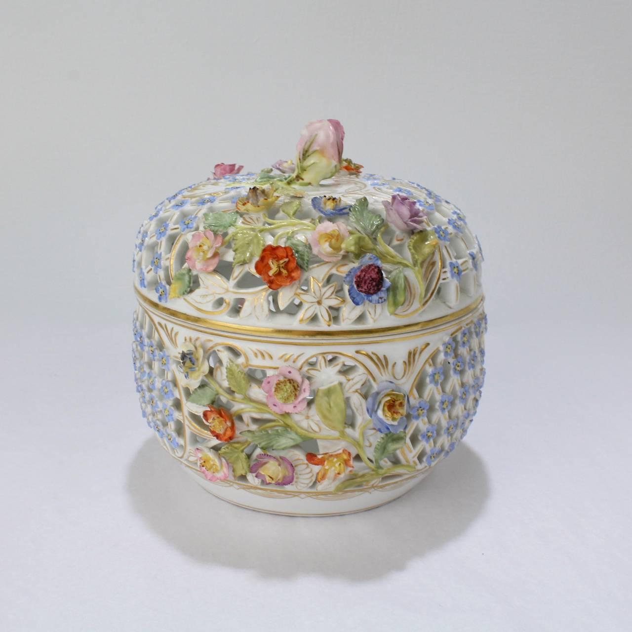 20th Century Antique Floral Encrusted Meissen Porcelain Reticulated Covered Dresser Box
