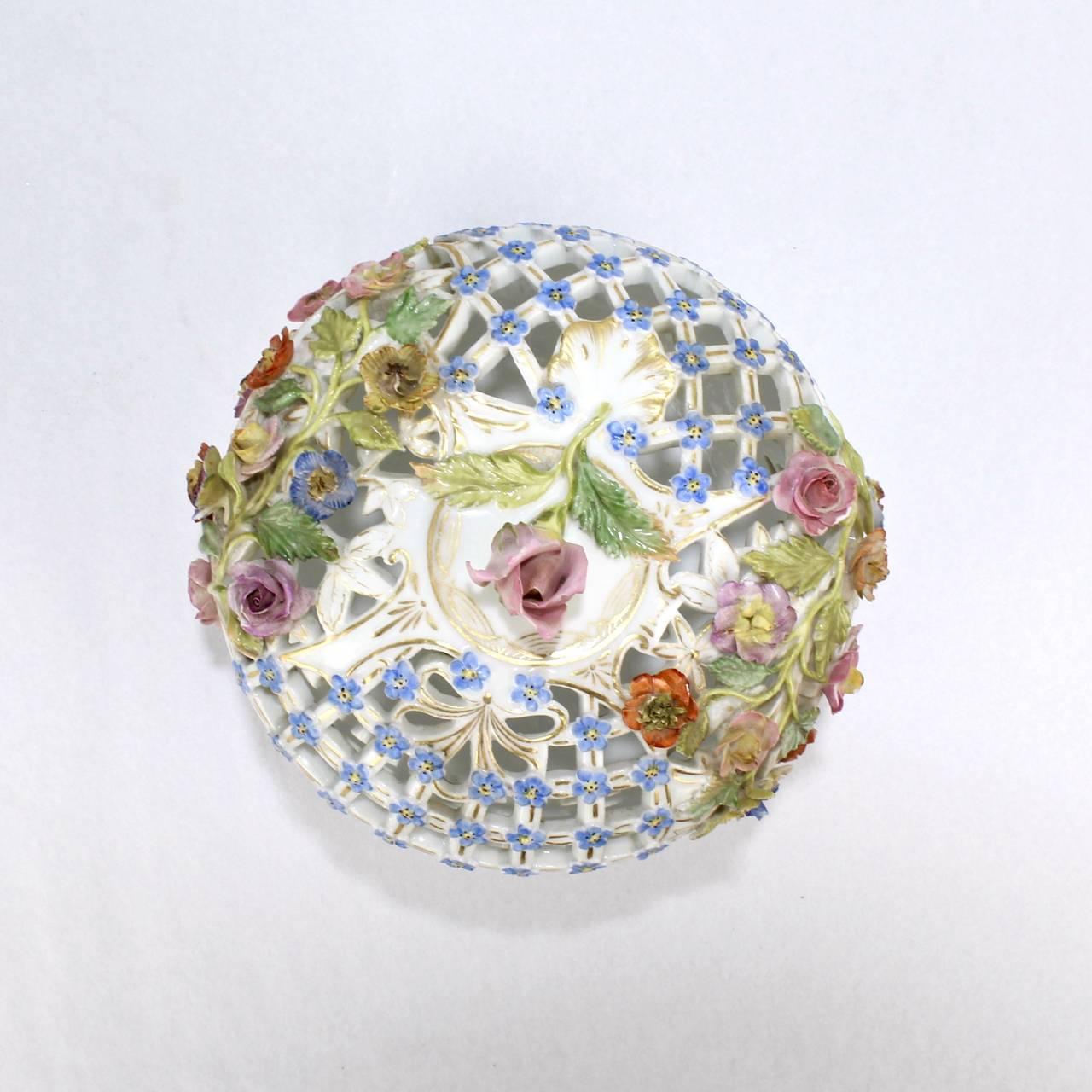 Antique Floral Encrusted Meissen Porcelain Reticulated Covered Dresser Box 1