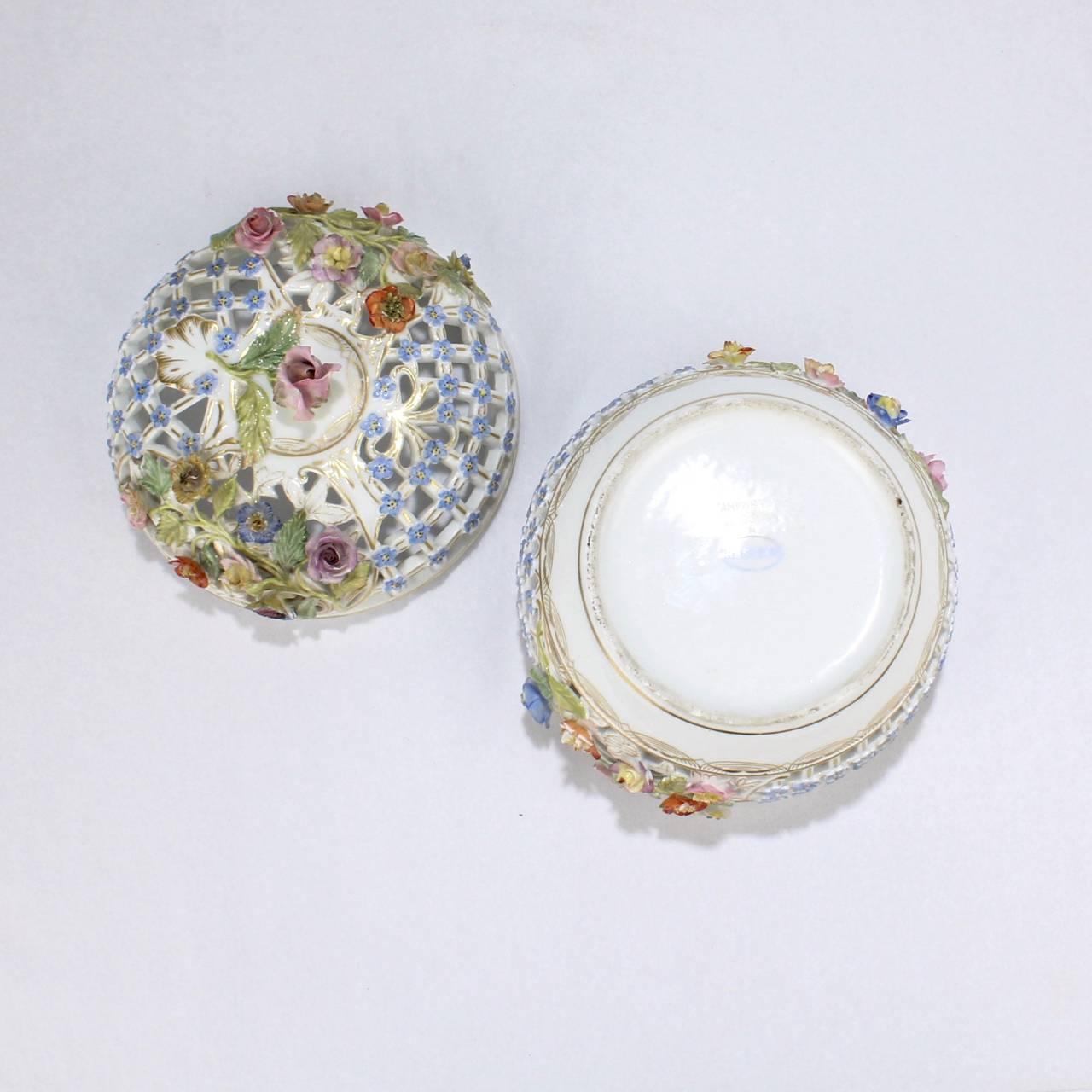 Antique Floral Encrusted Meissen Porcelain Reticulated Covered Dresser Box 4