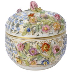 Antique Floral Encrusted Meissen Porcelain Reticulated Covered Dresser Box