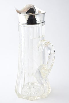 Antique Floral Etched Glass and Sterling Claret Jug