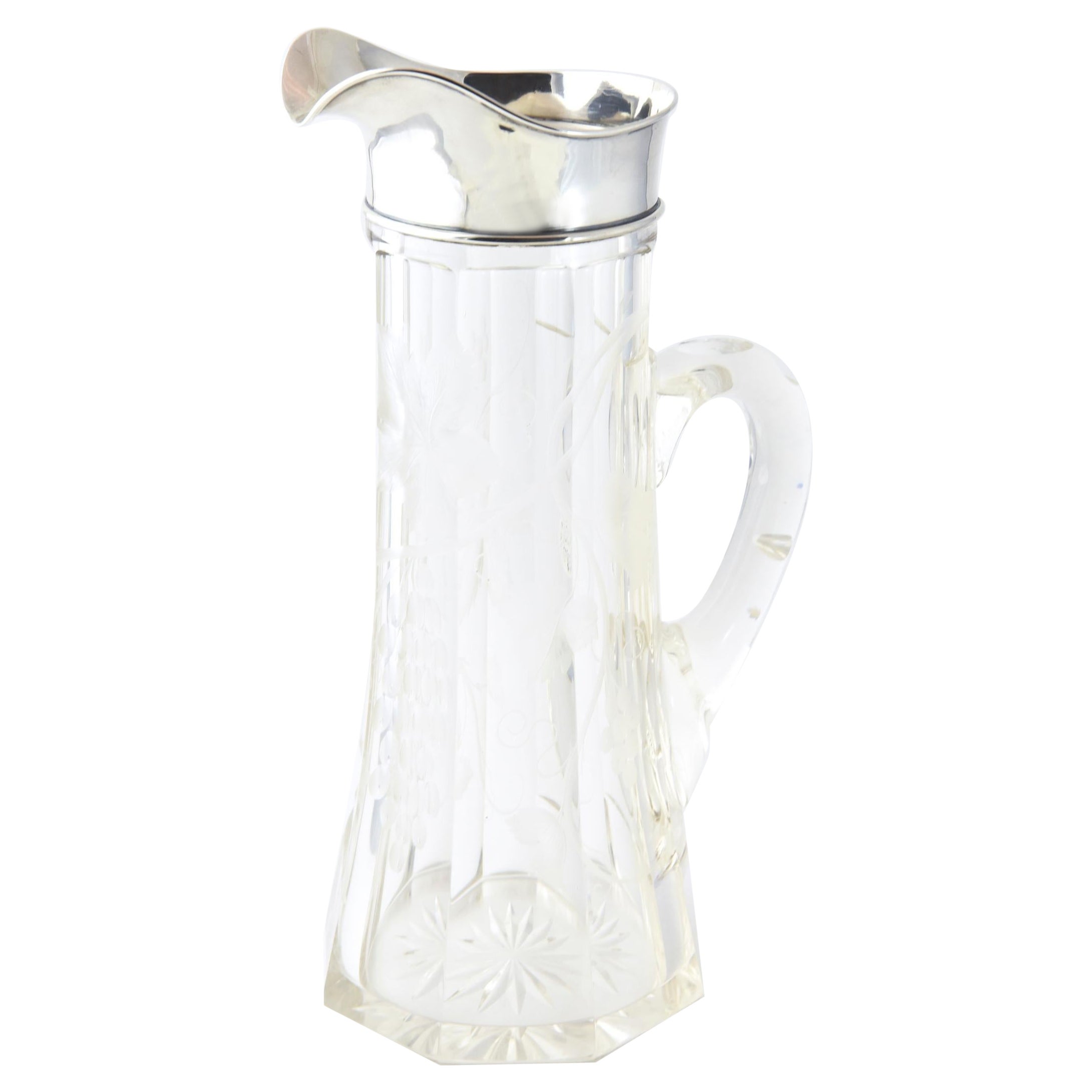 Antique Floral Etched Glass and Sterling Claret Jug