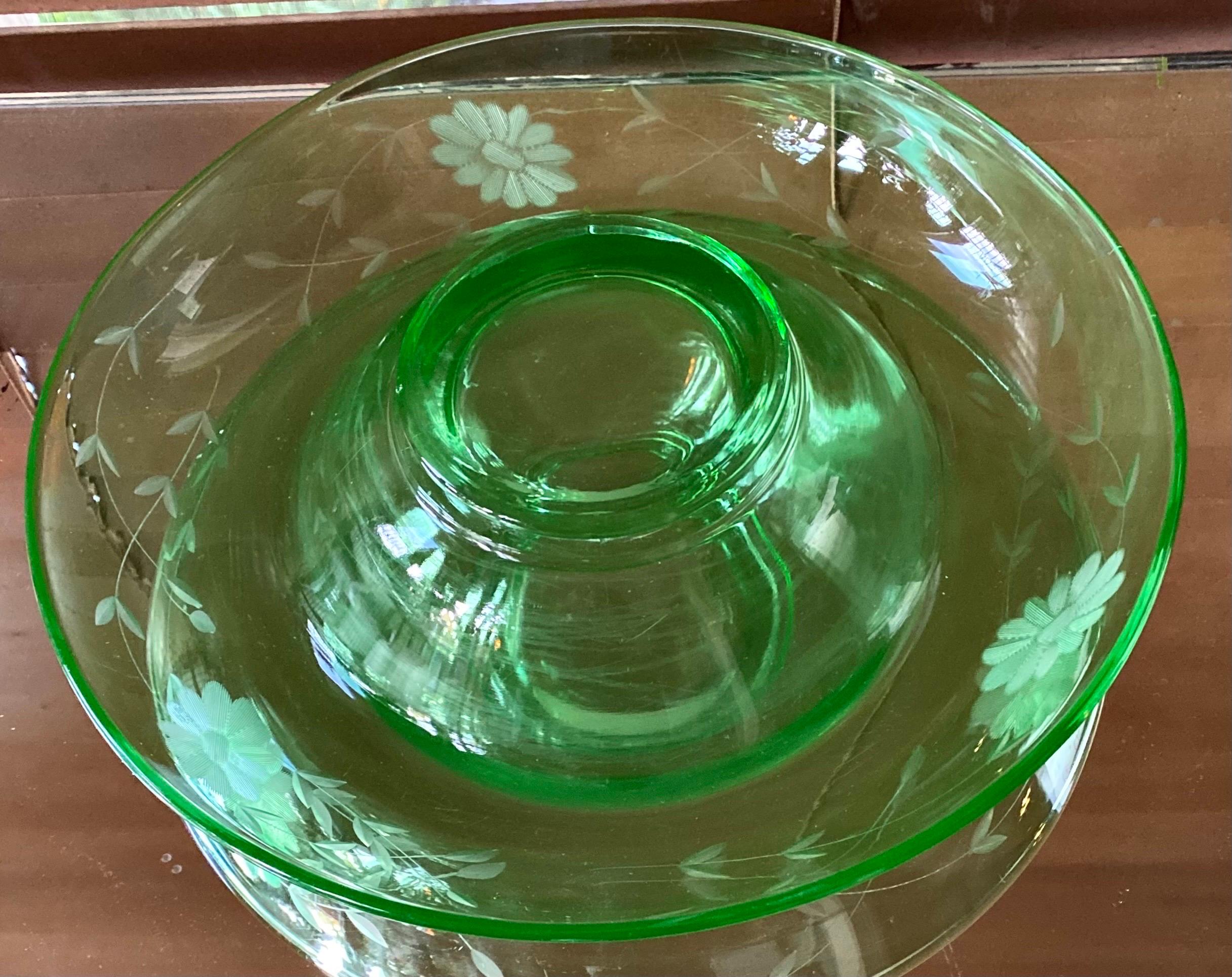 Antique Floral Etched Uranium Glass Console Bowl 4