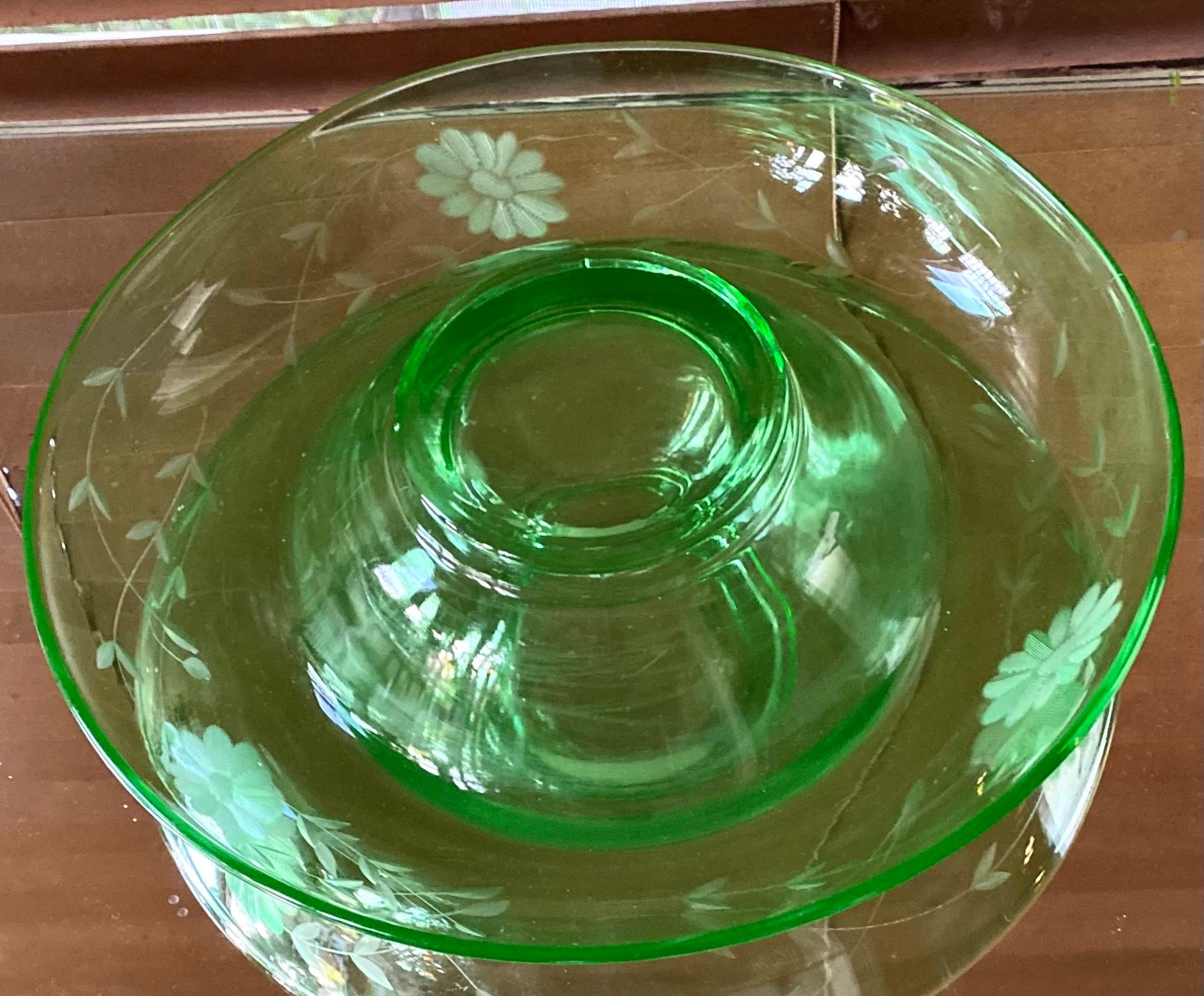 Antique Floral Etched Uranium Glass Console Bowl 5