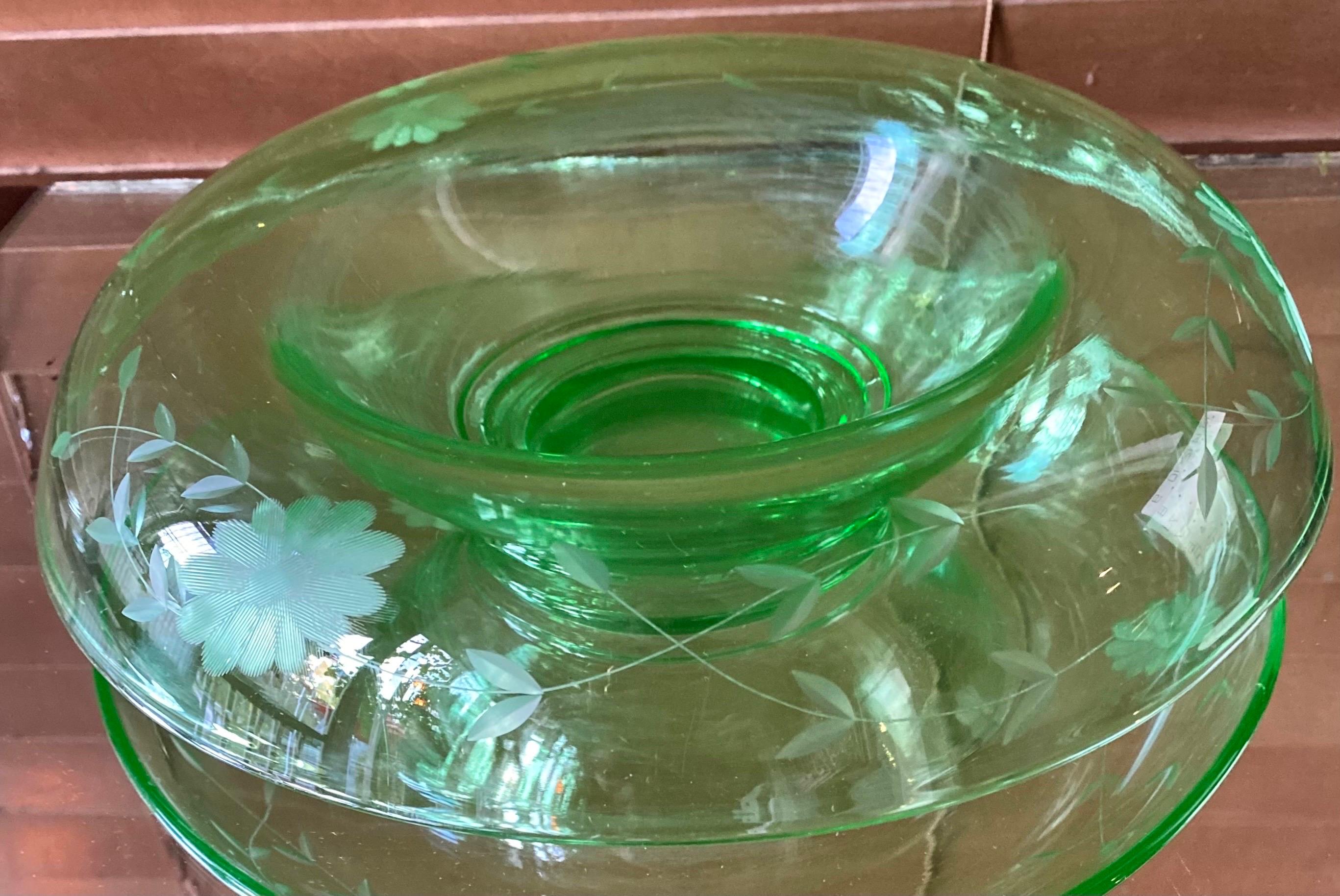 Antique Floral Etched Uranium Glass Console Bowl 6