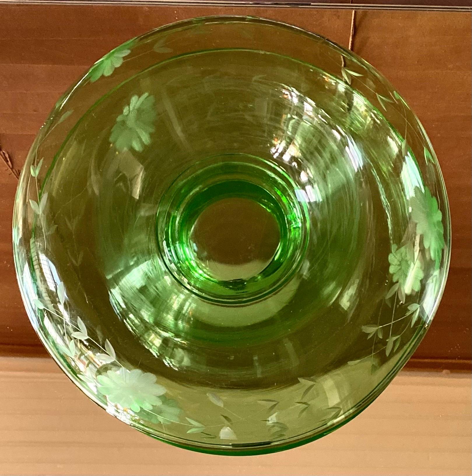 Antique Floral Etched Uranium Glass Console Bowl 7