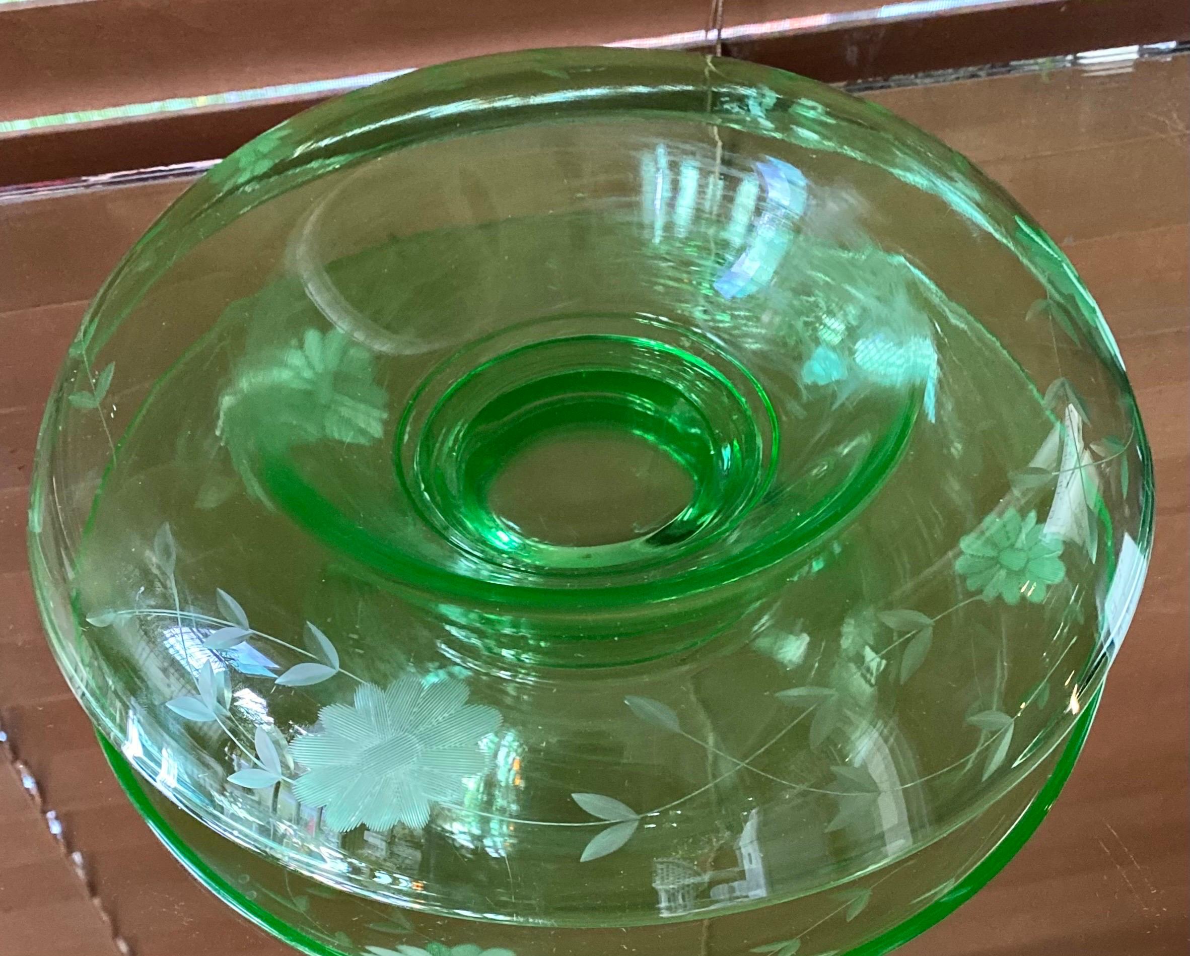 Art Deco Antique Floral Etched Uranium Glass Console Bowl