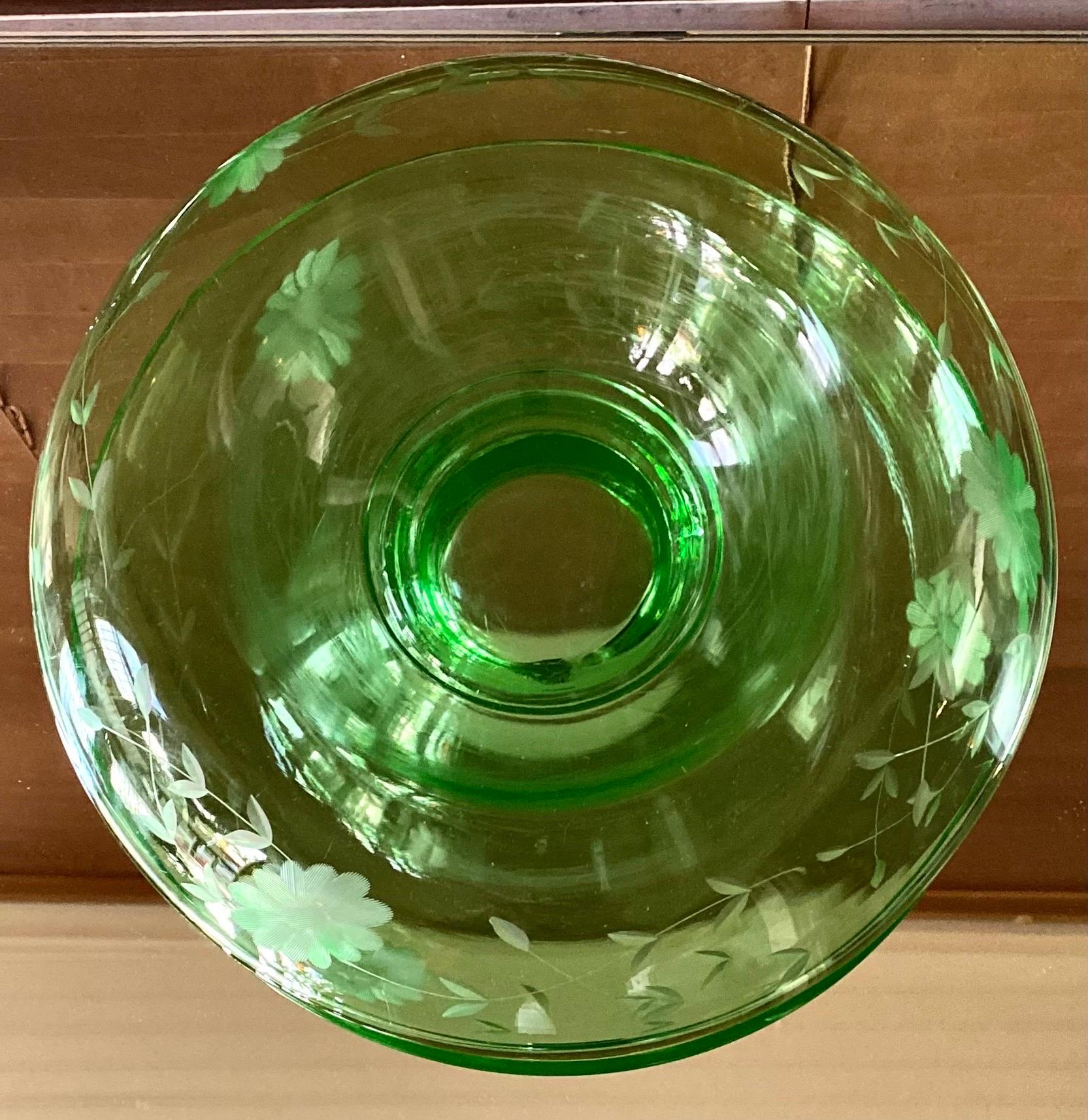 American Antique Floral Etched Uranium Glass Console Bowl