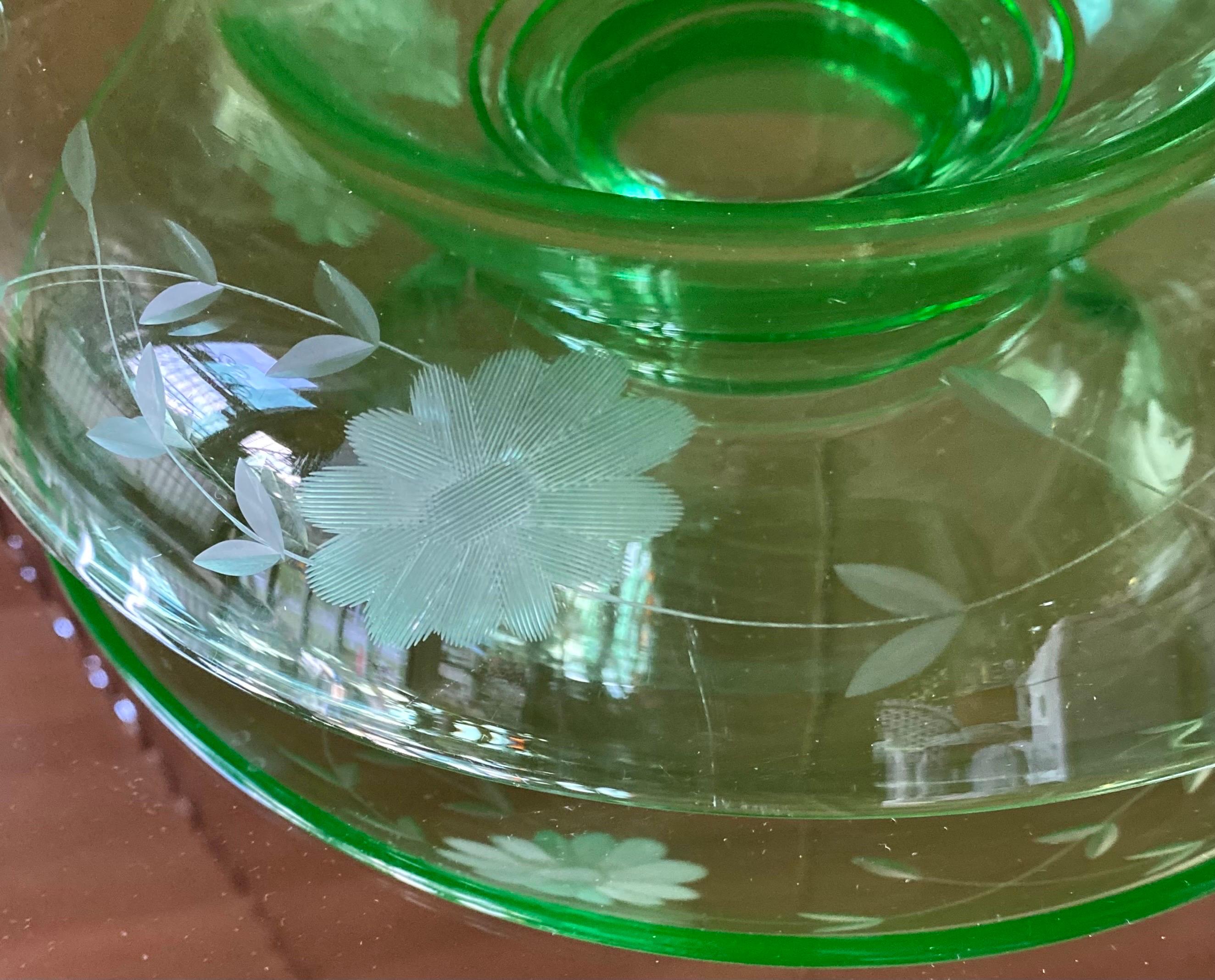 Antique Floral Etched Uranium Glass Console Bowl In Good Condition In New Orleans, LA