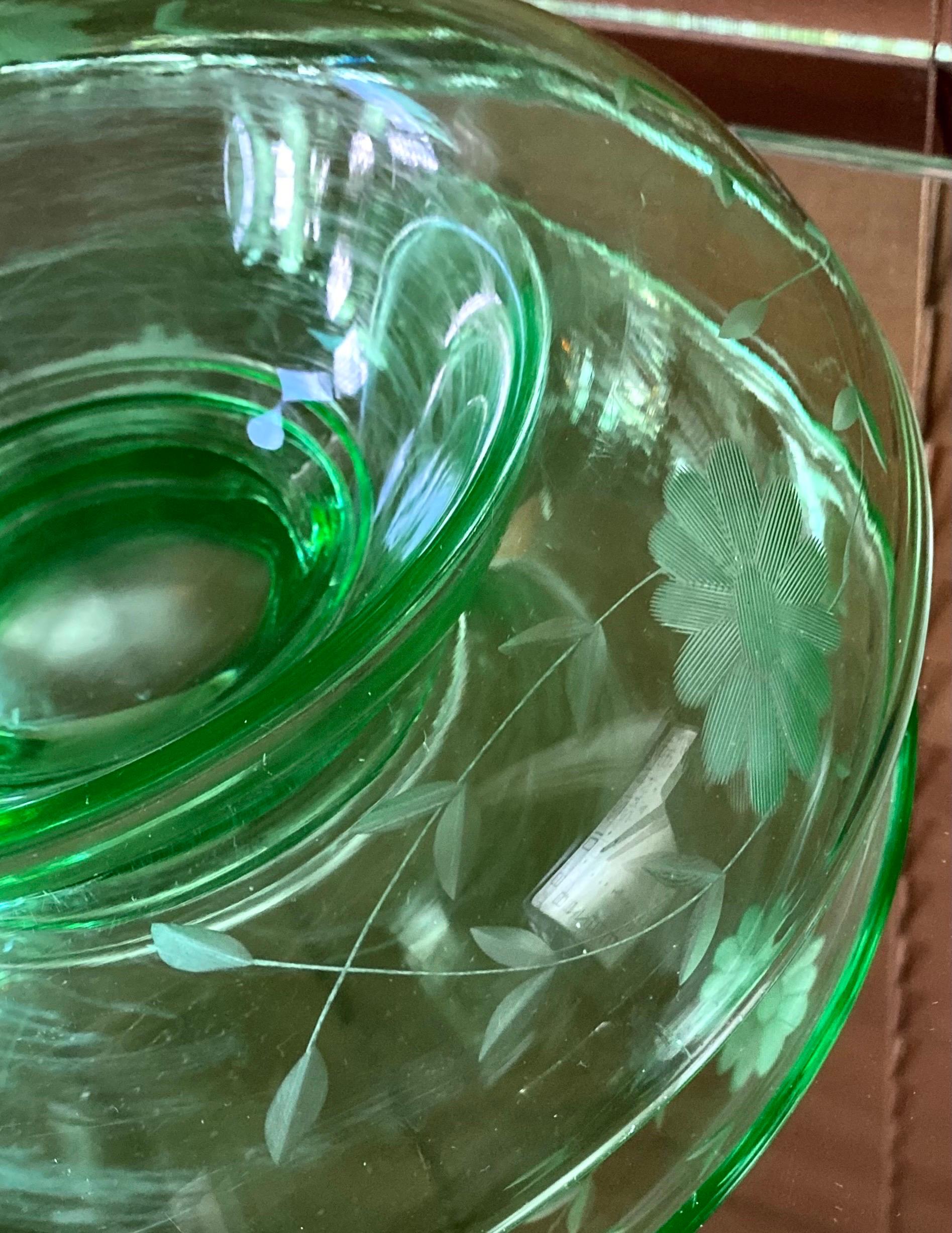 Mid-20th Century Antique Floral Etched Uranium Glass Console Bowl