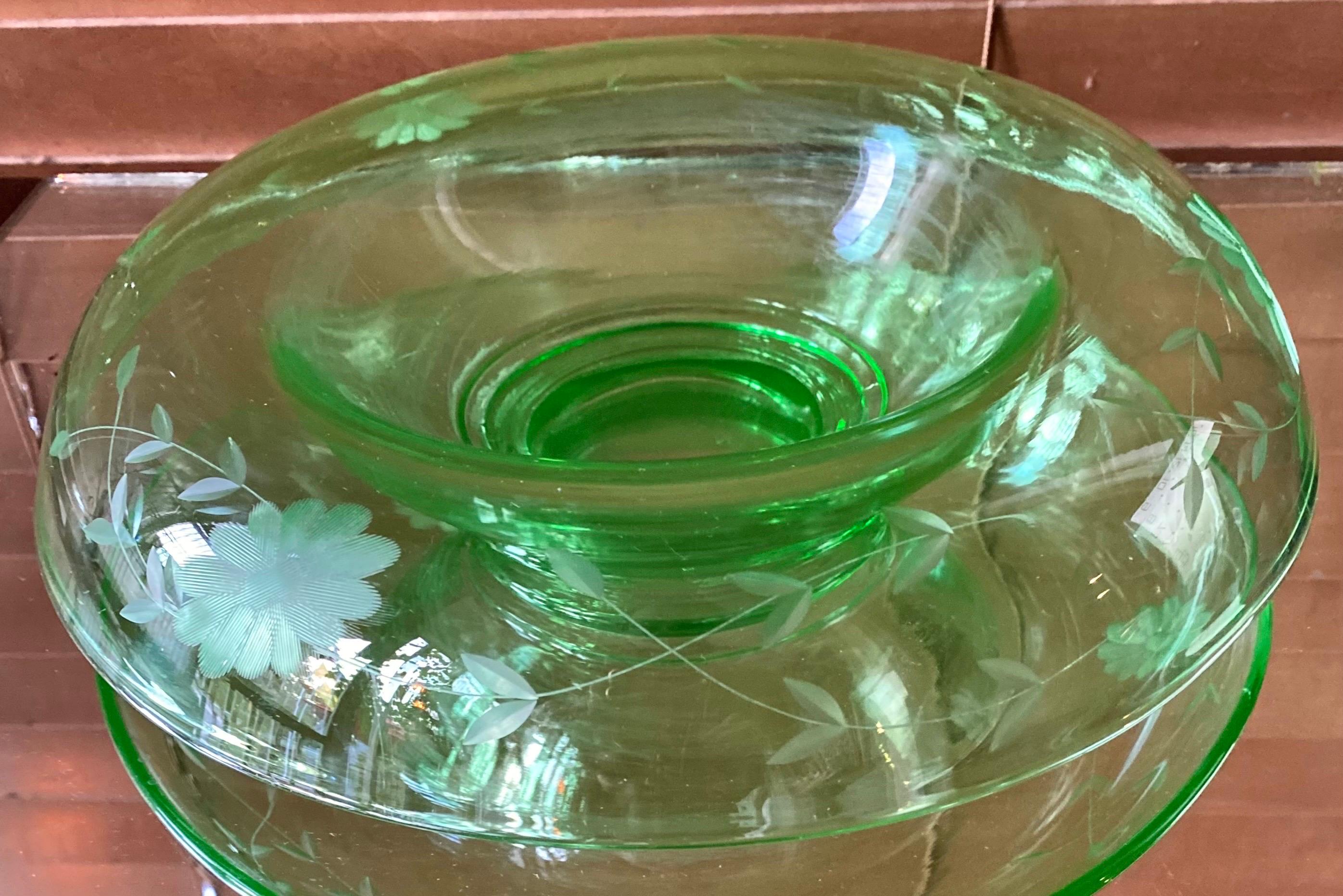 Antique Floral Etched Uranium Glass Console Bowl 1