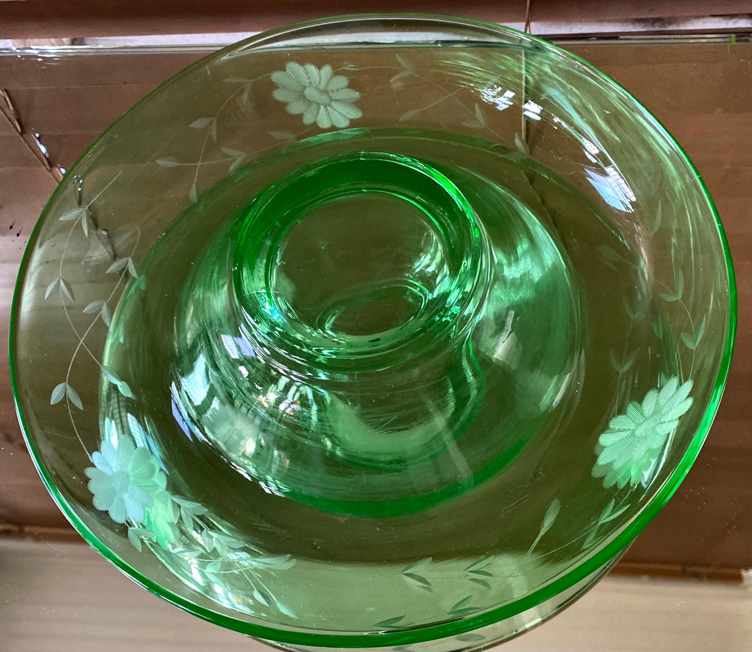 Antique Floral Etched Uranium Glass Console Bowl 2