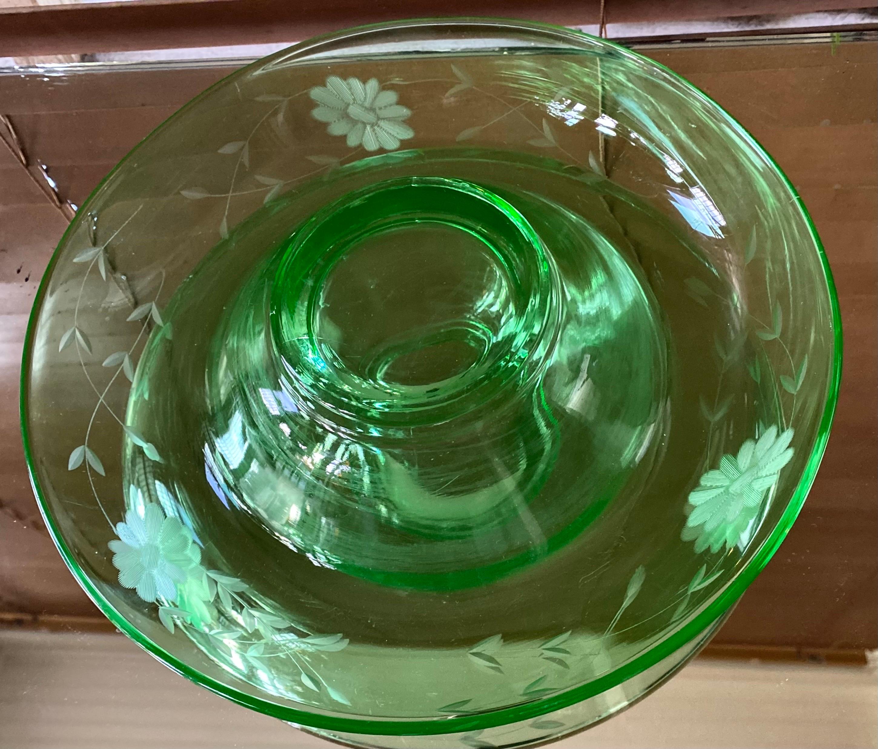 Antique Floral Etched Uranium Glass Console Bowl 3
