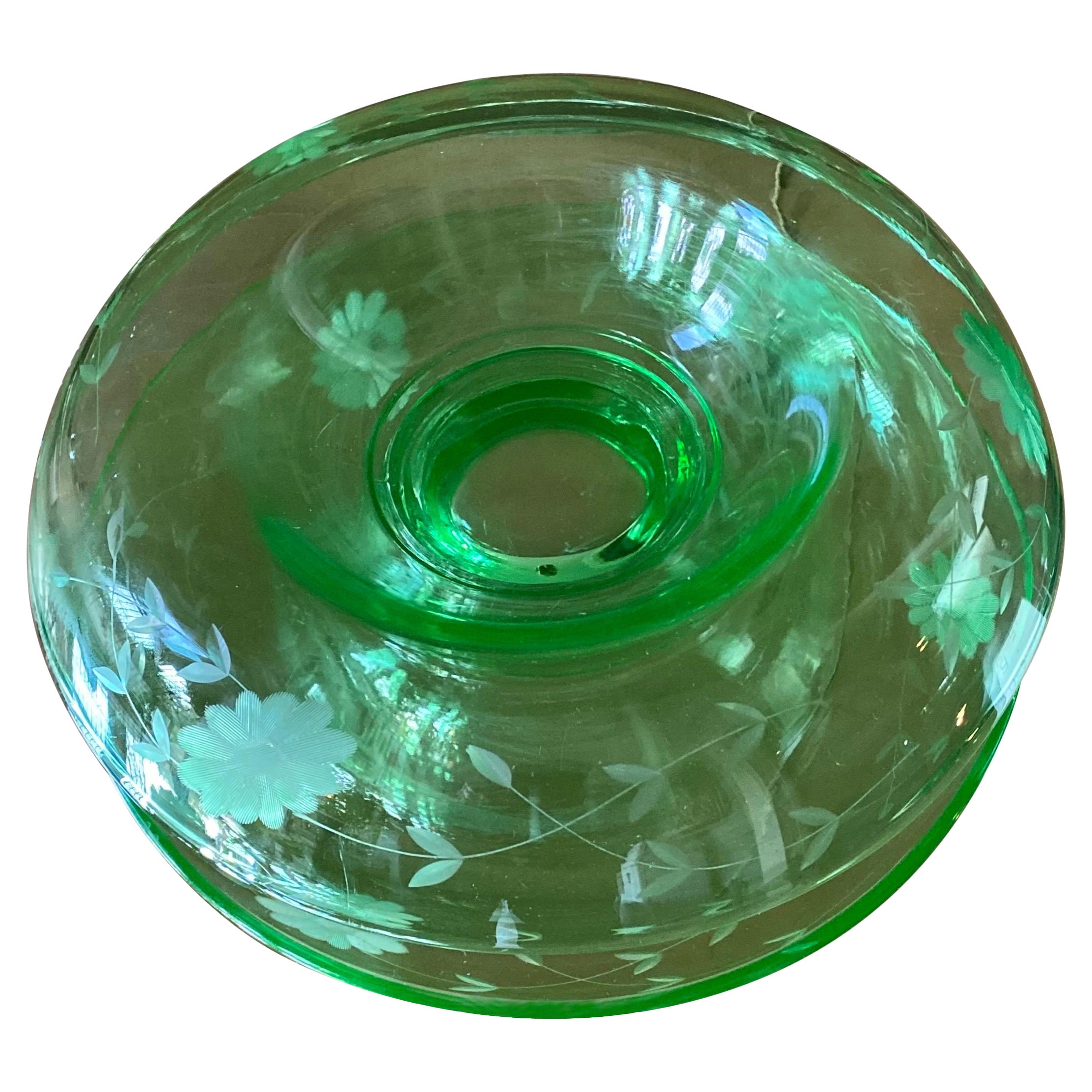 Antique Floral Etched Uranium Glass Console Bowl