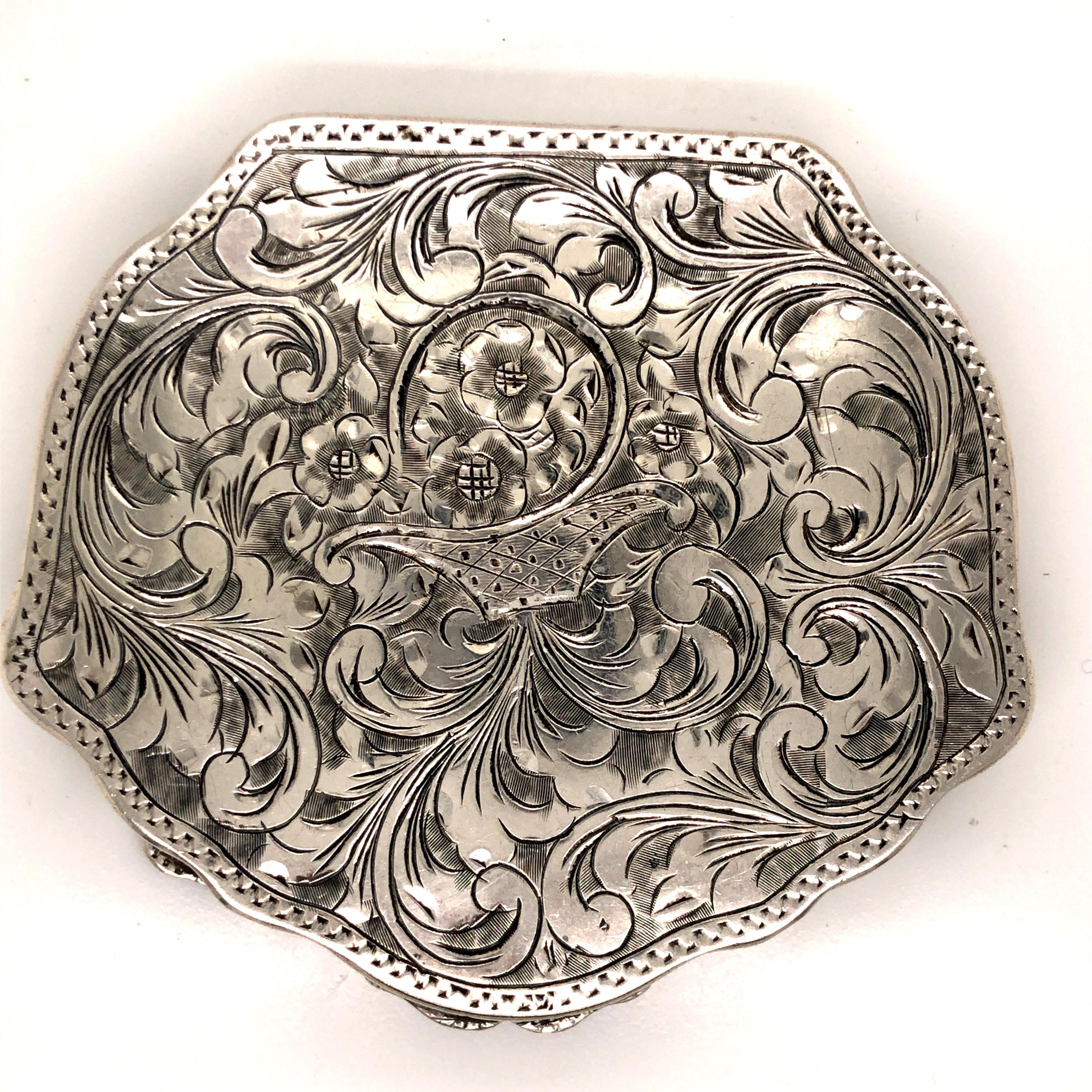 Women's or Men's Antique Floral Flower Basket Engraved Silver Compact