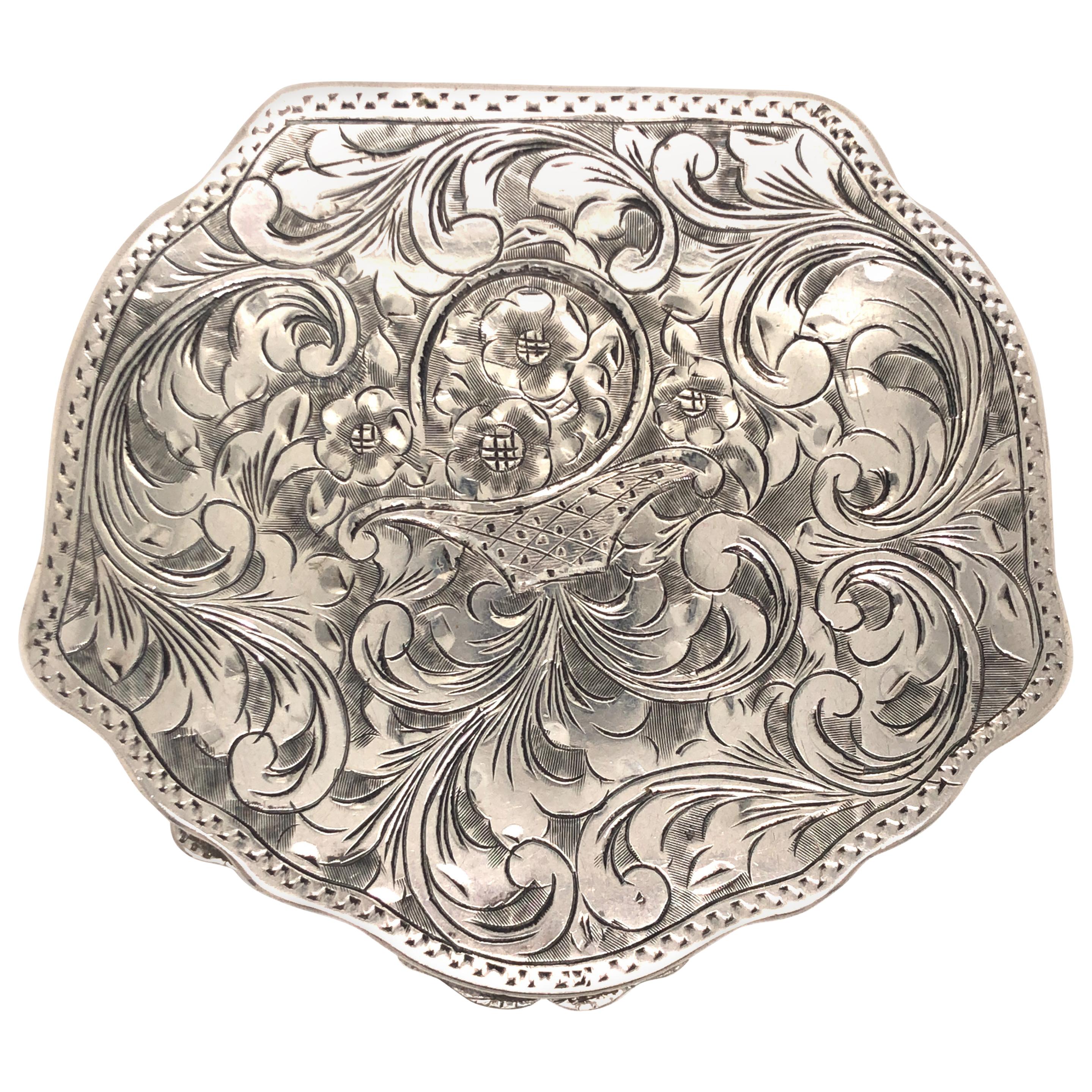 Antique Floral Flower Basket Engraved Silver Compact