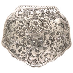 Antique Floral Flower Basket Engraved Silver Compact