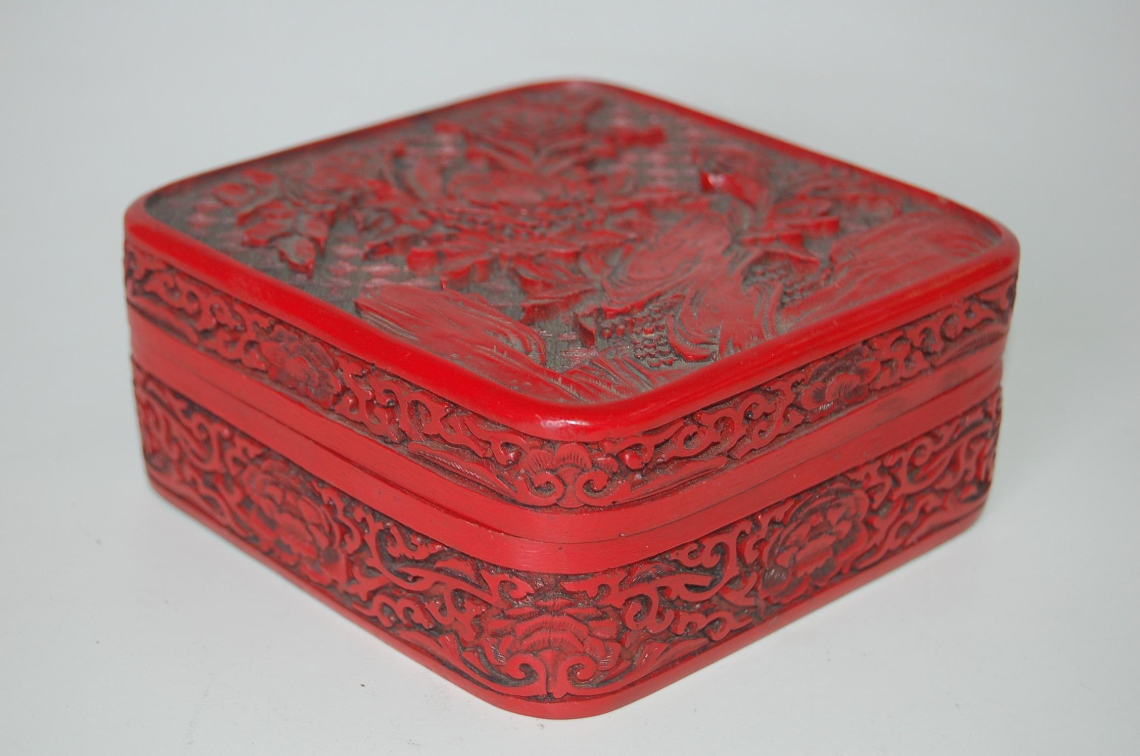 Lacquered Antique Floral Hand Carved Lacquer Cinnabar Lidded Jewelry Box